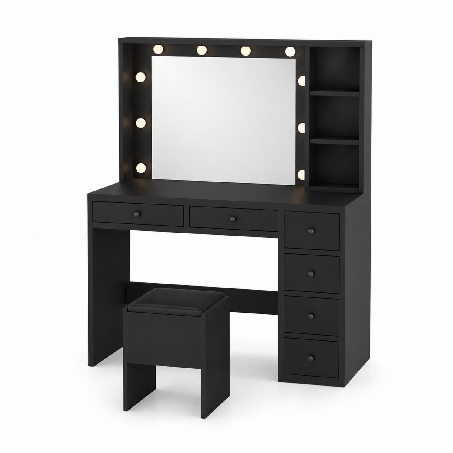 Coiffeuse en bois avec miroir éclairé et tabouret, Noir