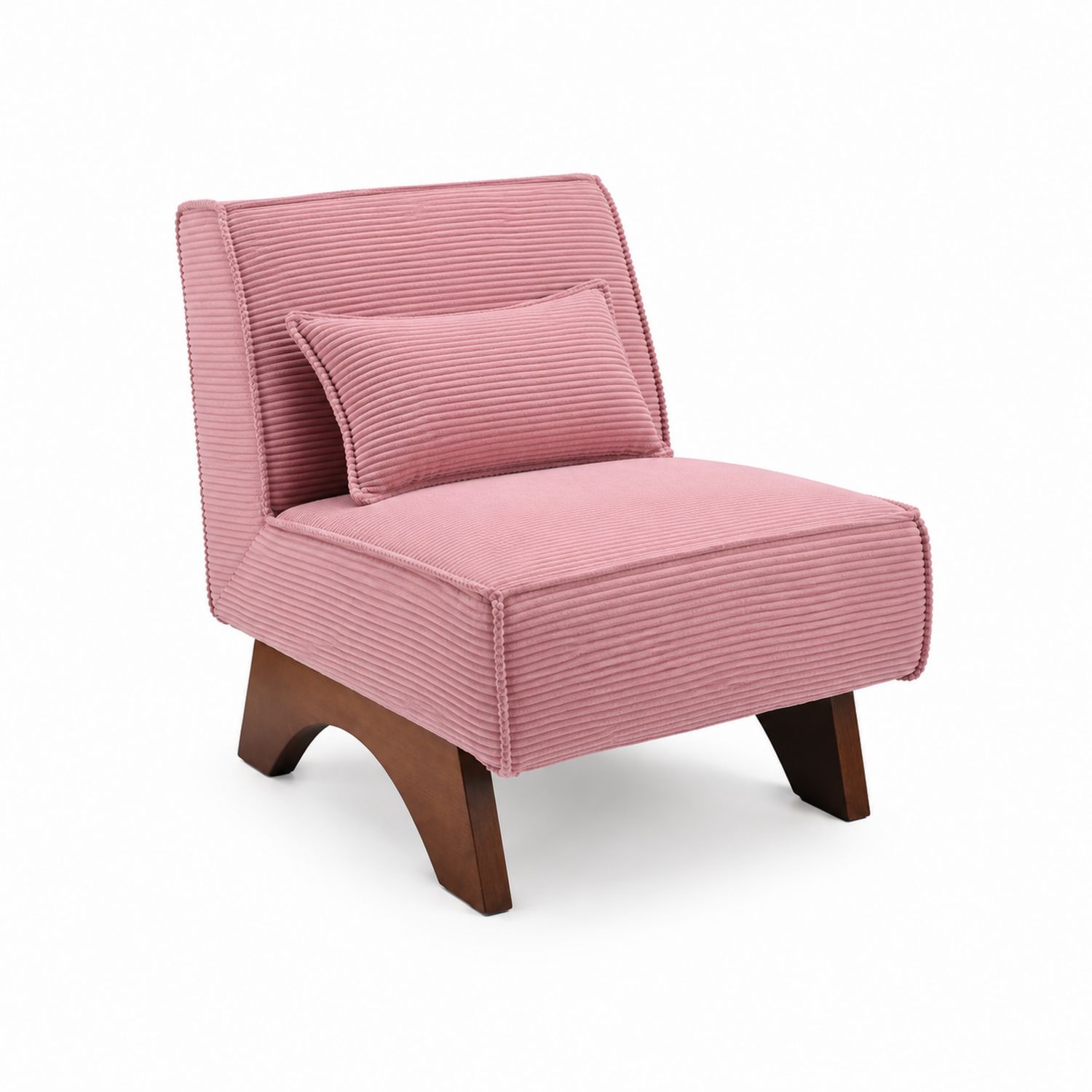 Chaise en tissu côtelé rose avec coussin et pieds en bois