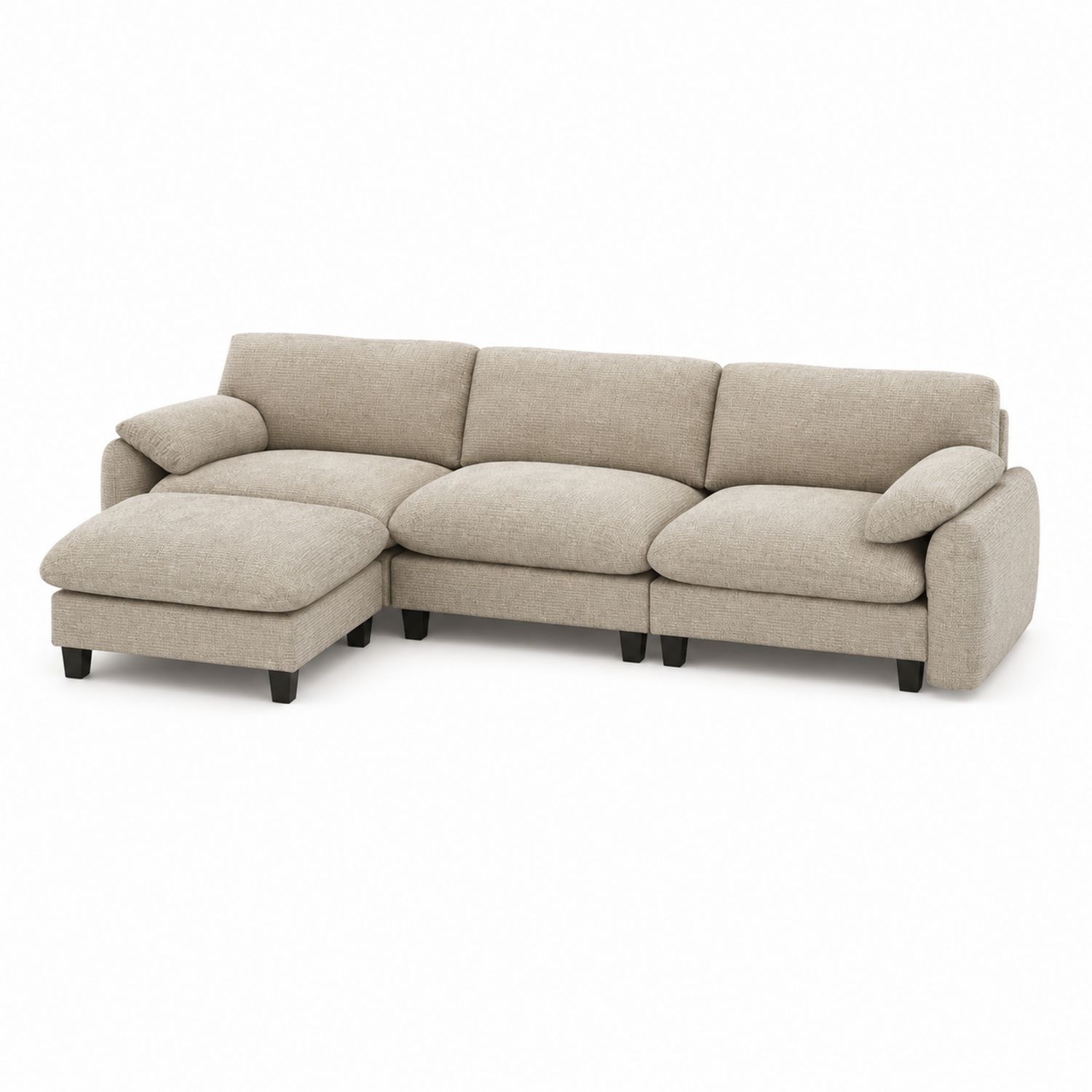 Canapé d'angle en tissu beige avec structure en bois