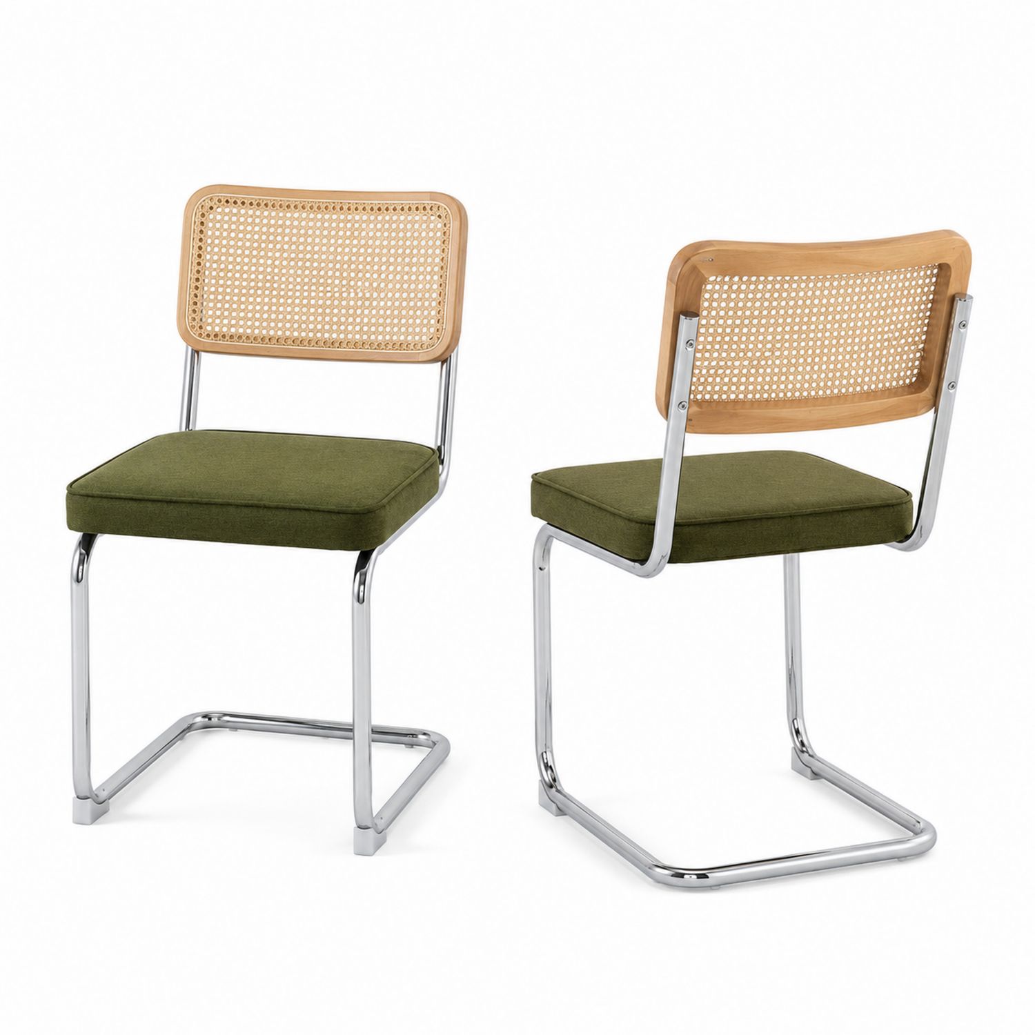 Chaise en métal avec dossier en rotin et assise en tissu vert