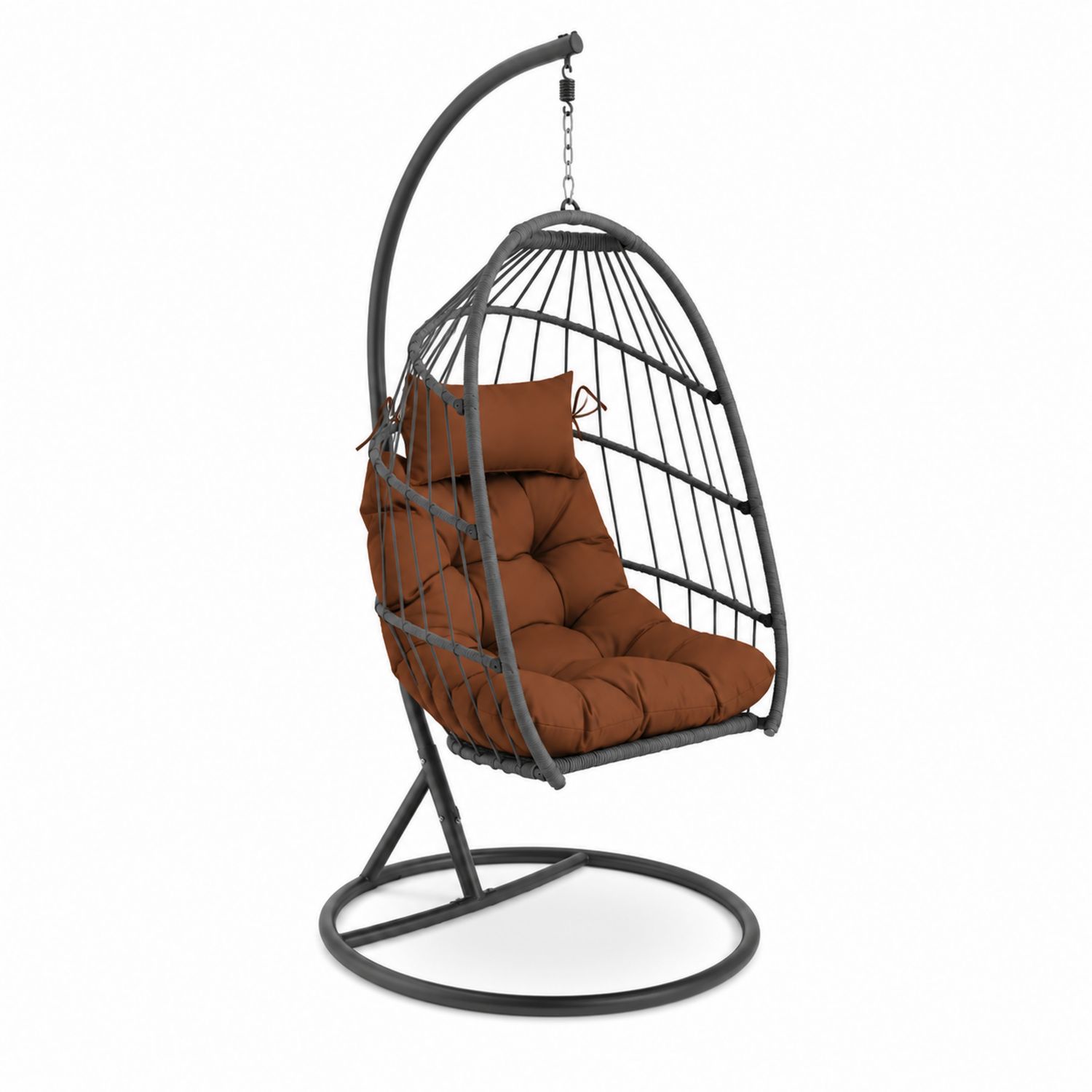 Chaise suspendue en métal et osier avec coussin marron