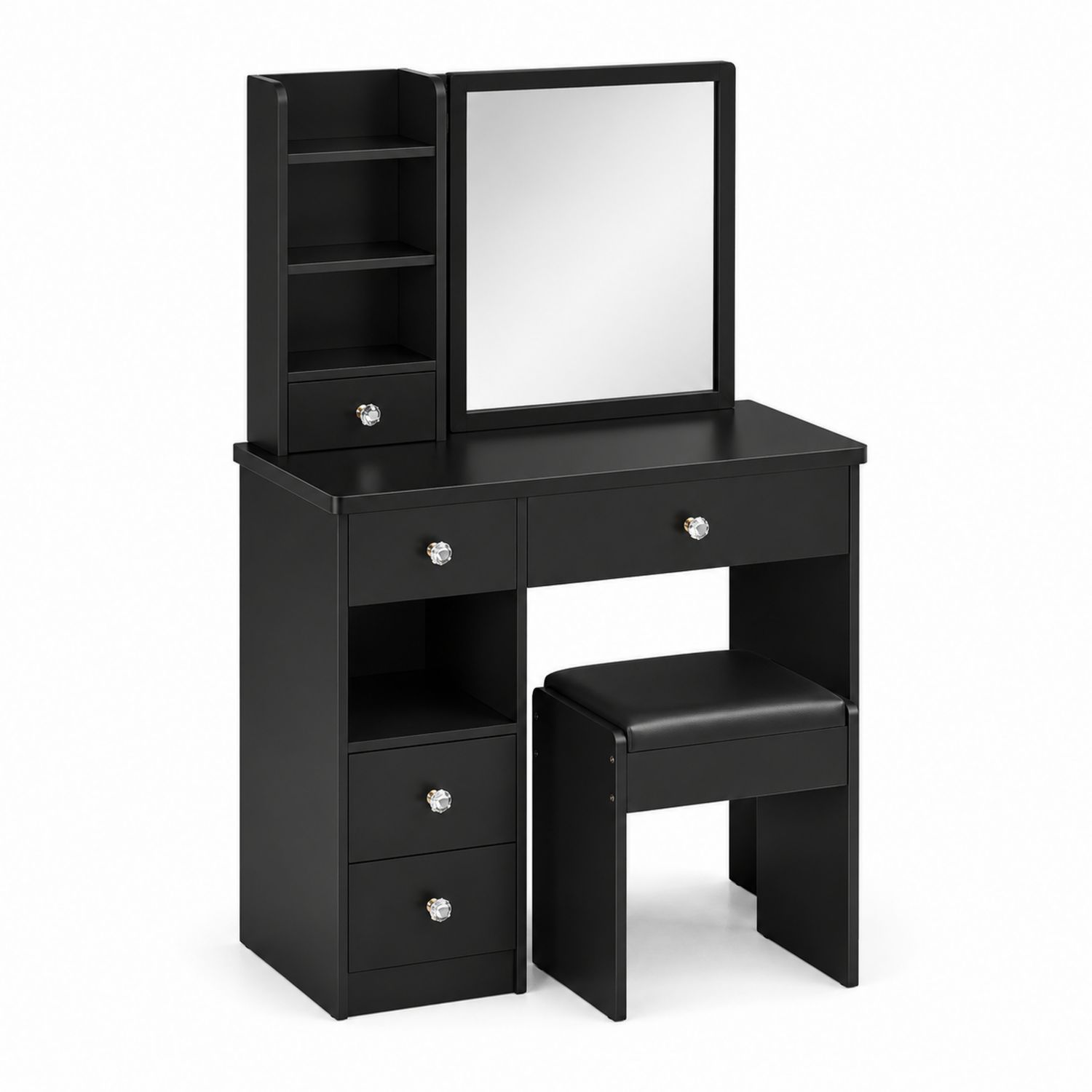 Coiffeuse en bois MDF noir avec miroir et tabouret, 3 tiroirs et étagères