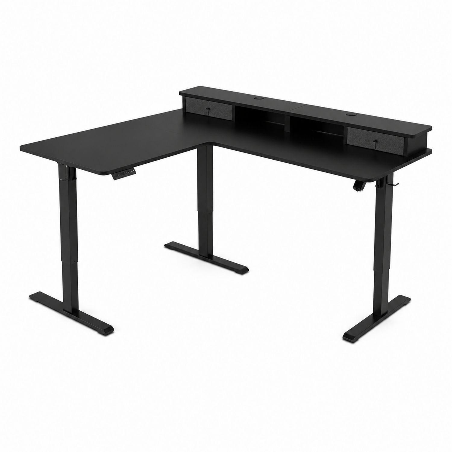 Bureau assis-debout en L avec étagères en bois et cadre en acier noir