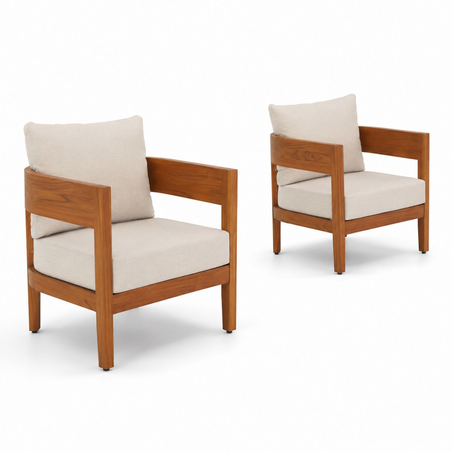 Lot de 2 fauteuils en bois avec coussins en polyester beige