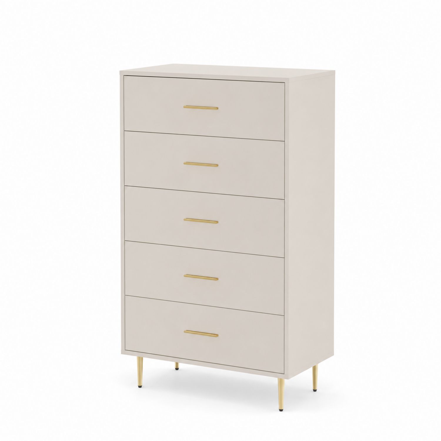 Commode 5 Tiroirs en Bois MDF Beige avec Poignées et Pieds Métal Doré