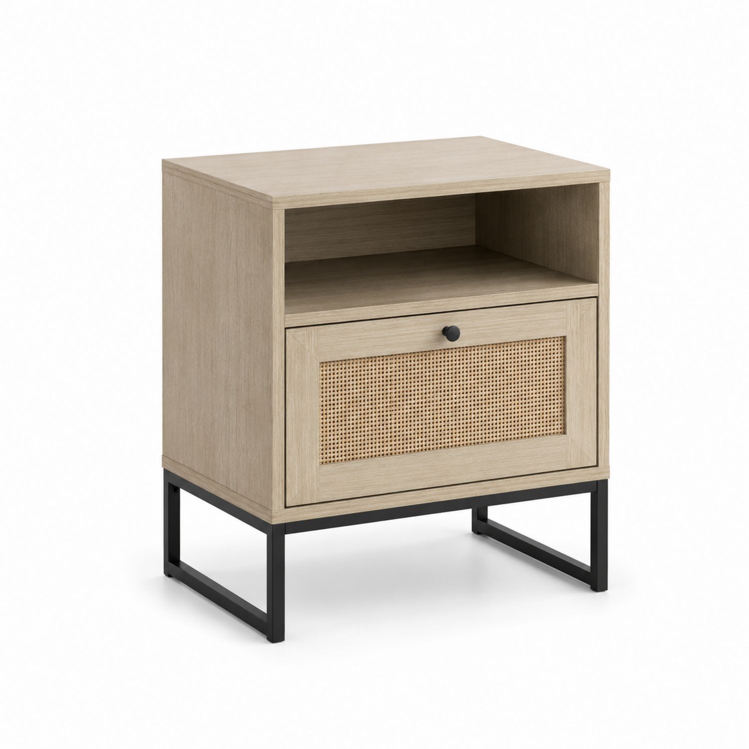 Table de chevet en bois et métal avec tiroir en rotin