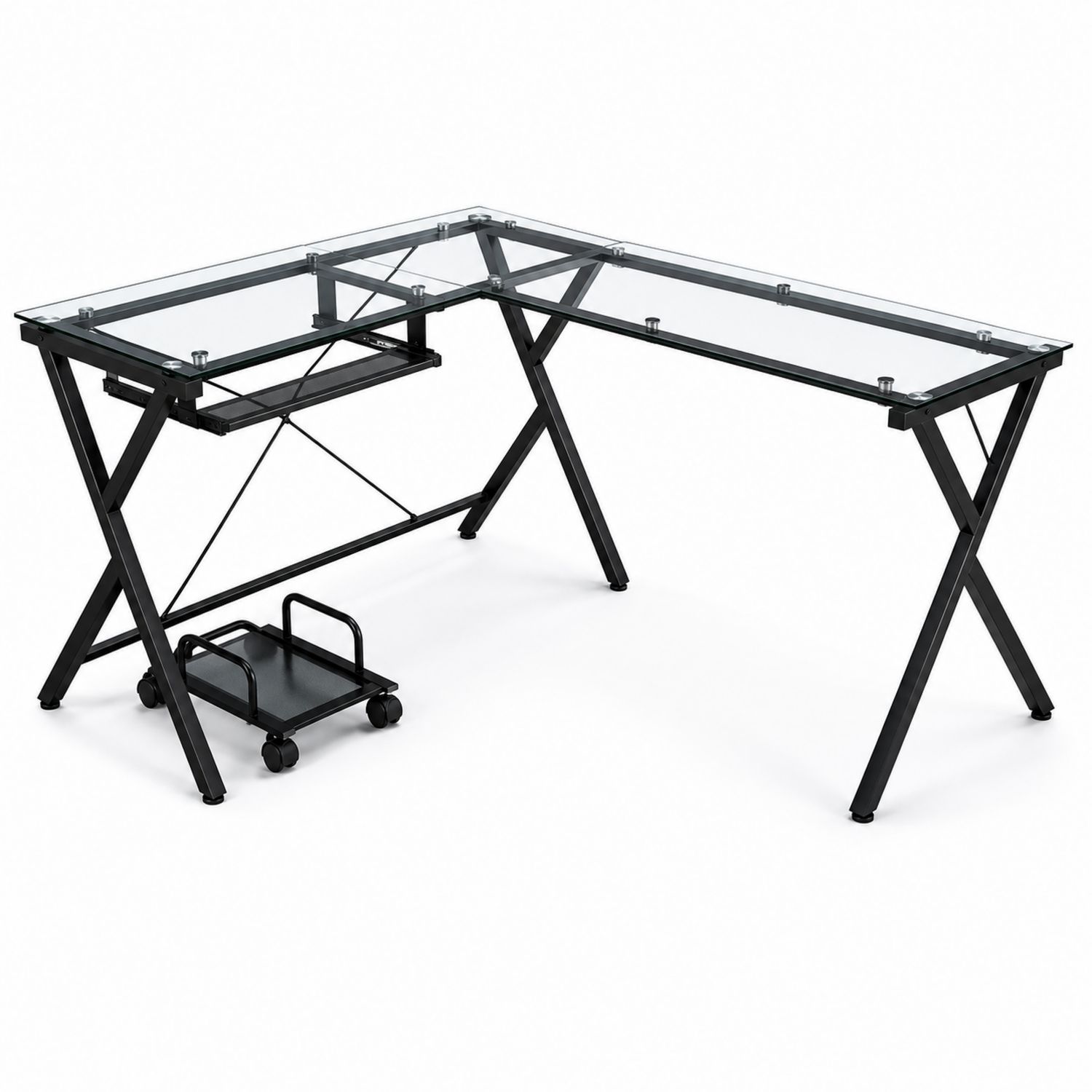 Bureau d'angle en verre trempé et métal noir avec support clavier et chariot - 150 x 150 x 75 cm
