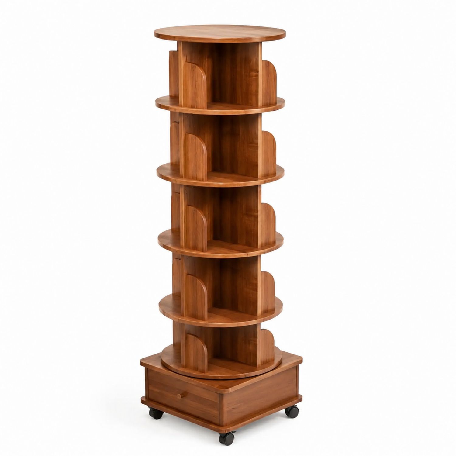 Estantería giratoria de madera de acacia con 5 niveles y ruedas