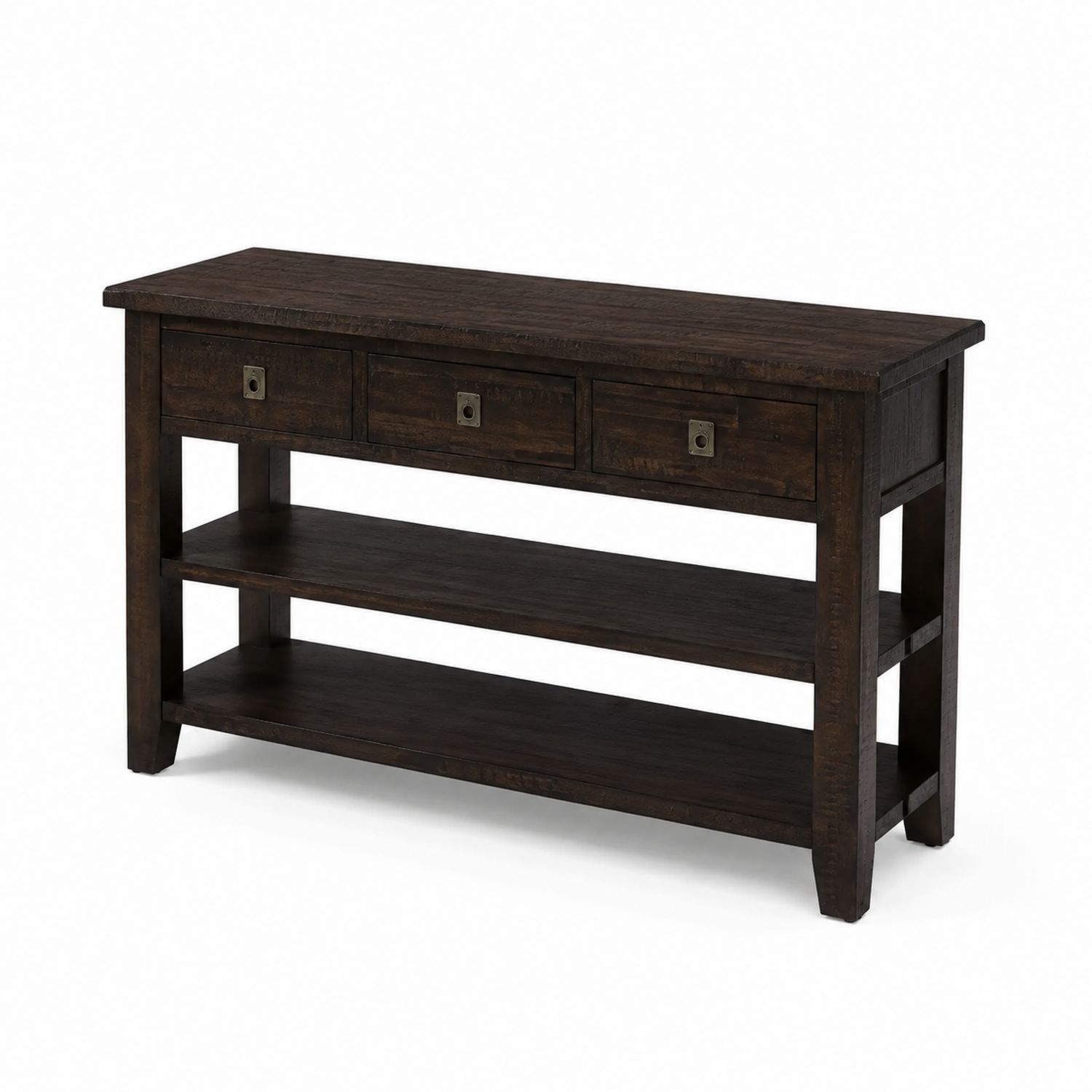Mesa consola de madera maciza con tres cajones y estantes, marrón oscuro