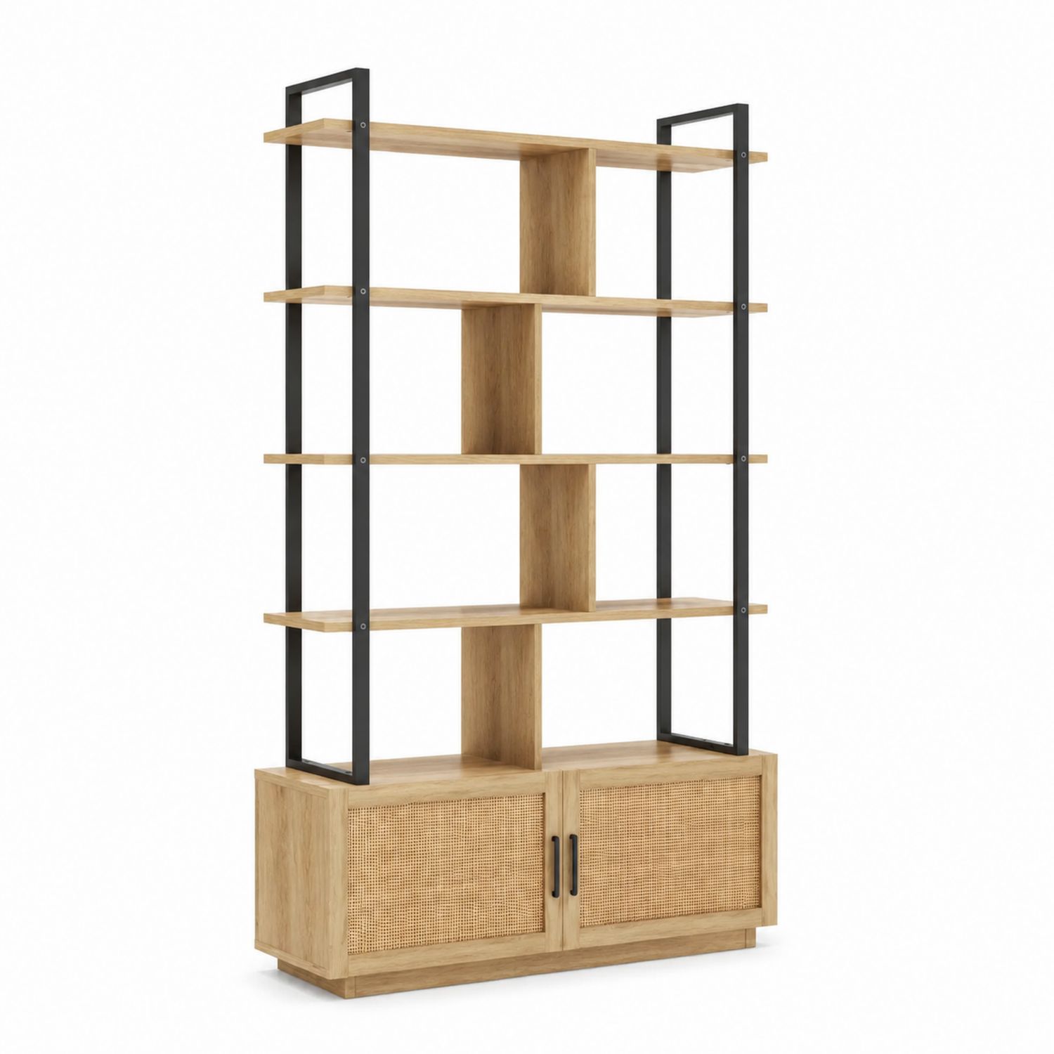Estantería de madera y metal con puertas de ratán, 180x90x35 cm, Marrón claro y Negro