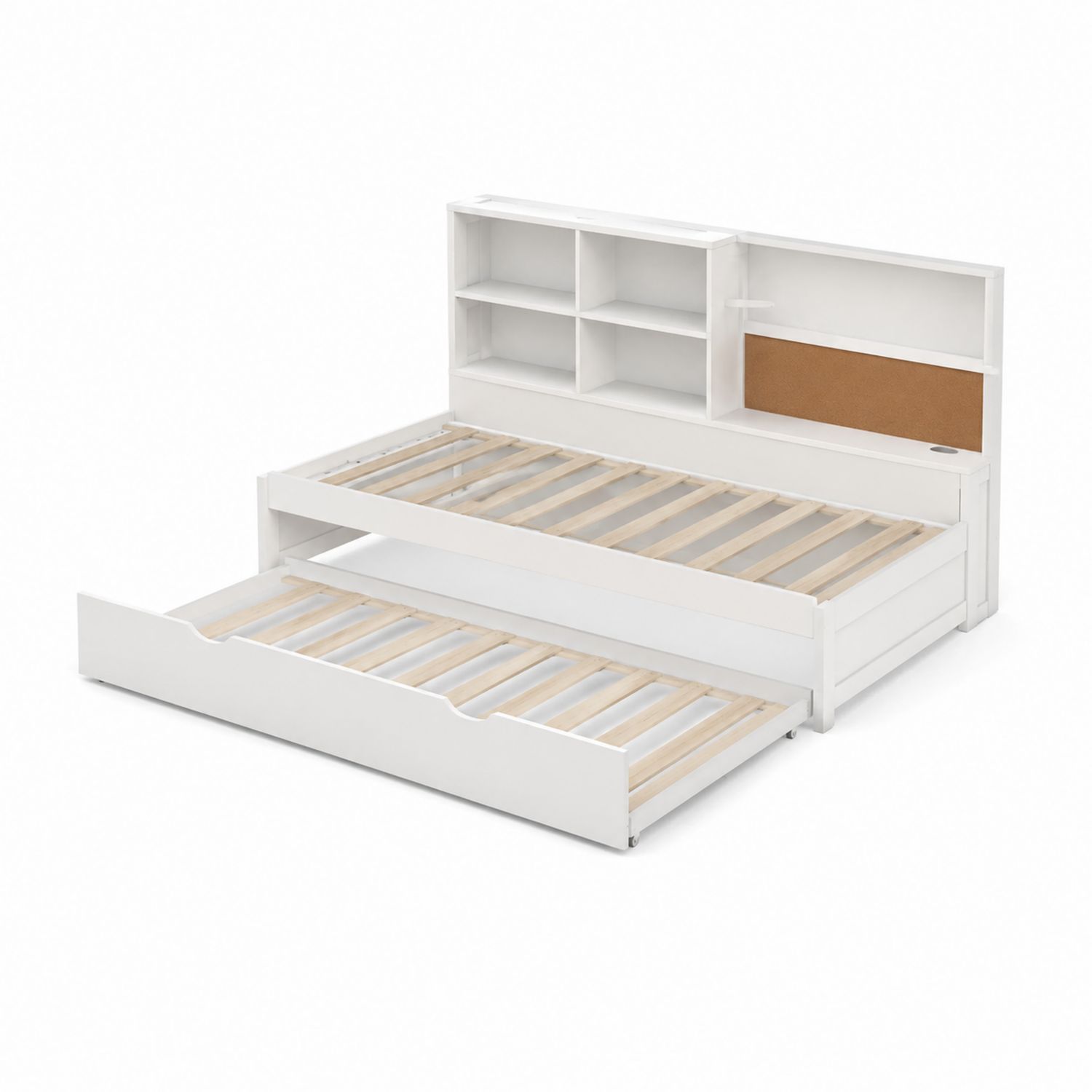 Cama nido de madera de pino blanca con cabecero con almacenamiento