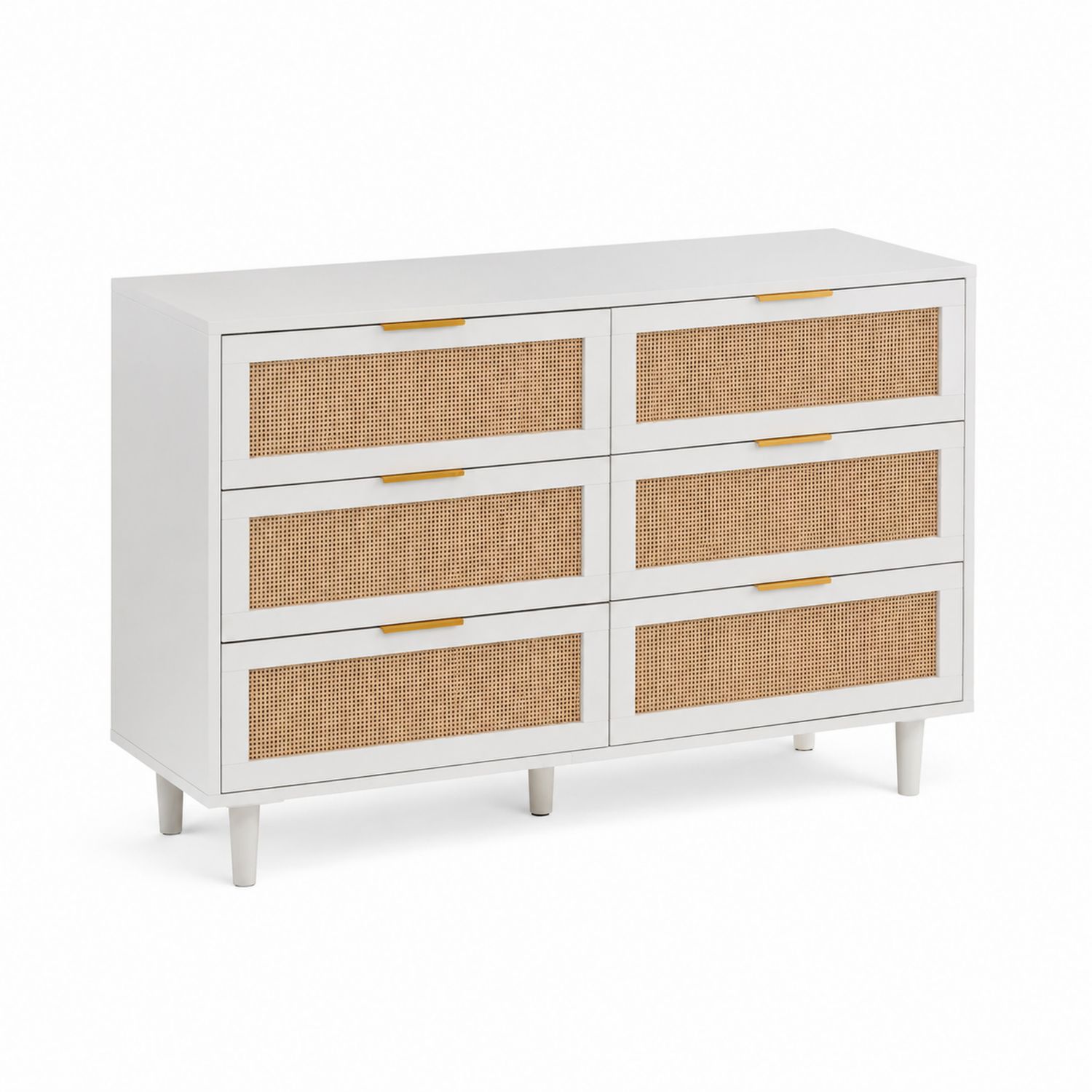 Cómoda de 6 cajones de madera y ratán Blanco y Natural