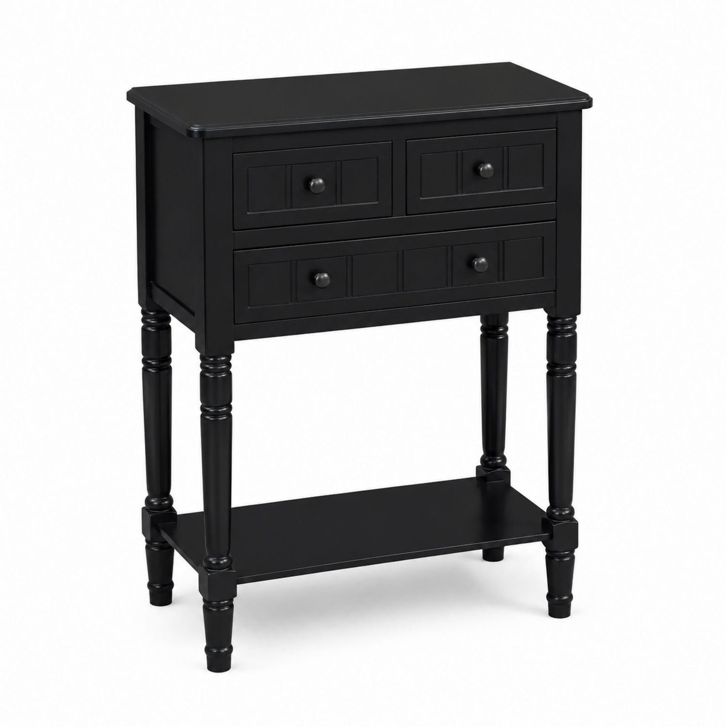 Mesa consola de madera negra con cajones y estante