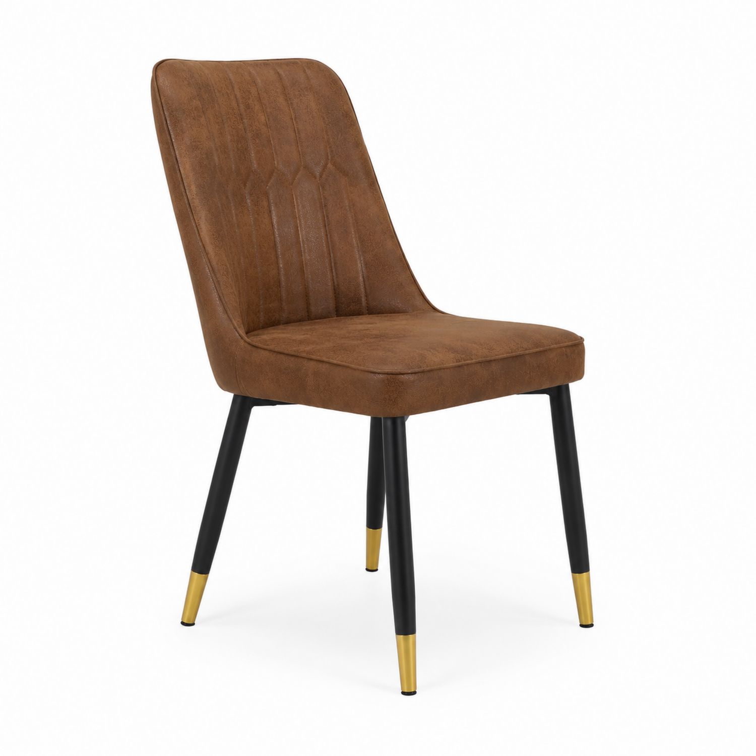 Silla de comedor en cuero sintético marrón con patas de metal y doradas