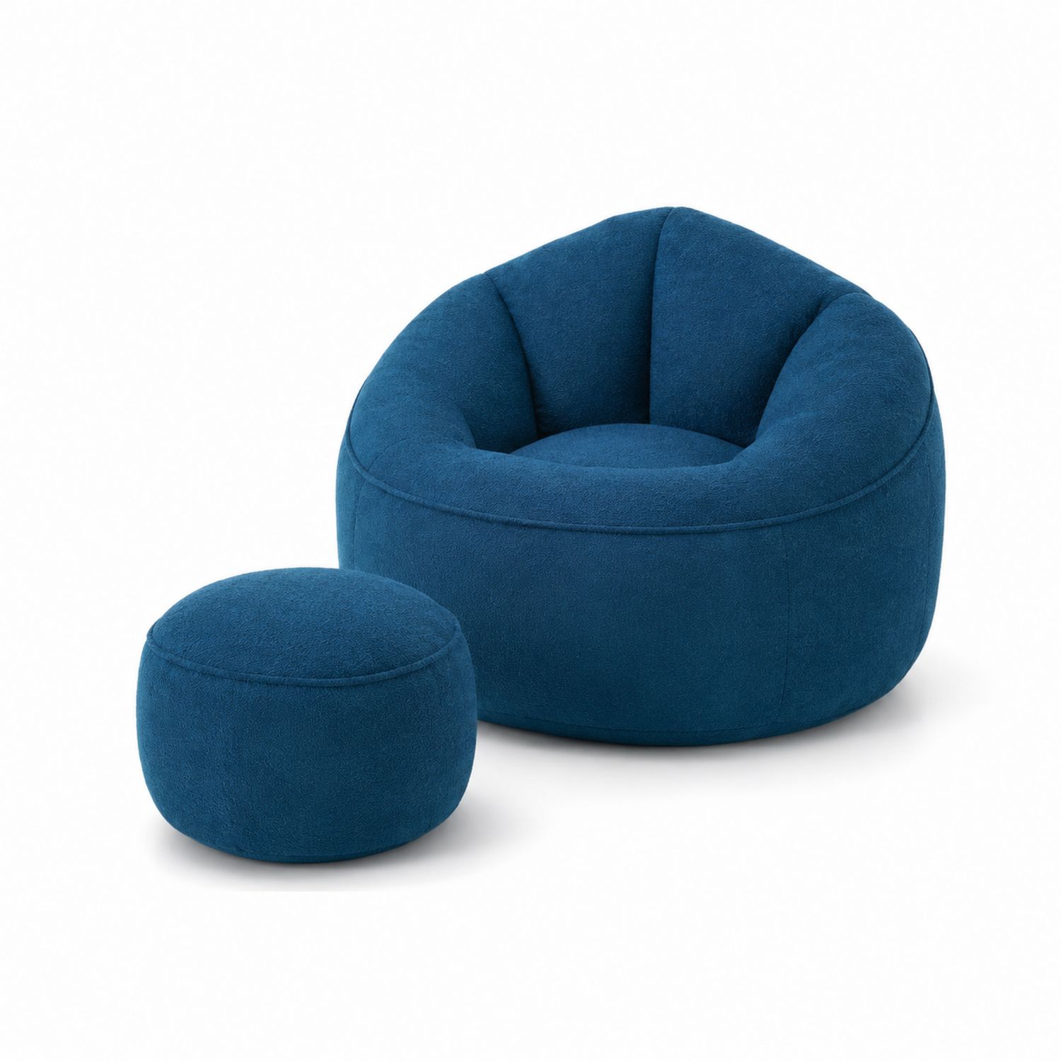 Sillón puff redondo con reposapiés de microfibra azul
