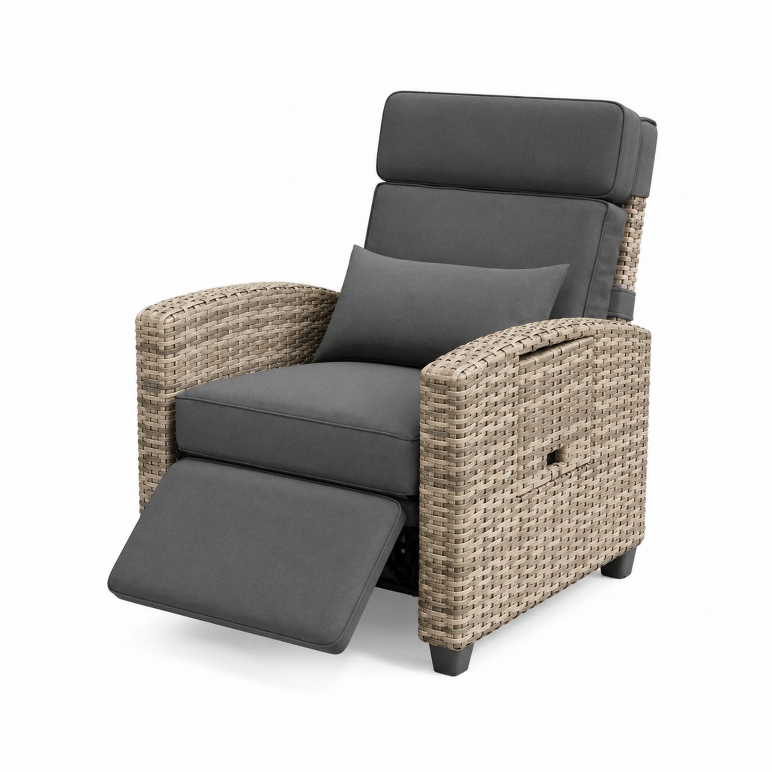 Sillón reclinable de mimbre sintético con cojines de poliéster gris