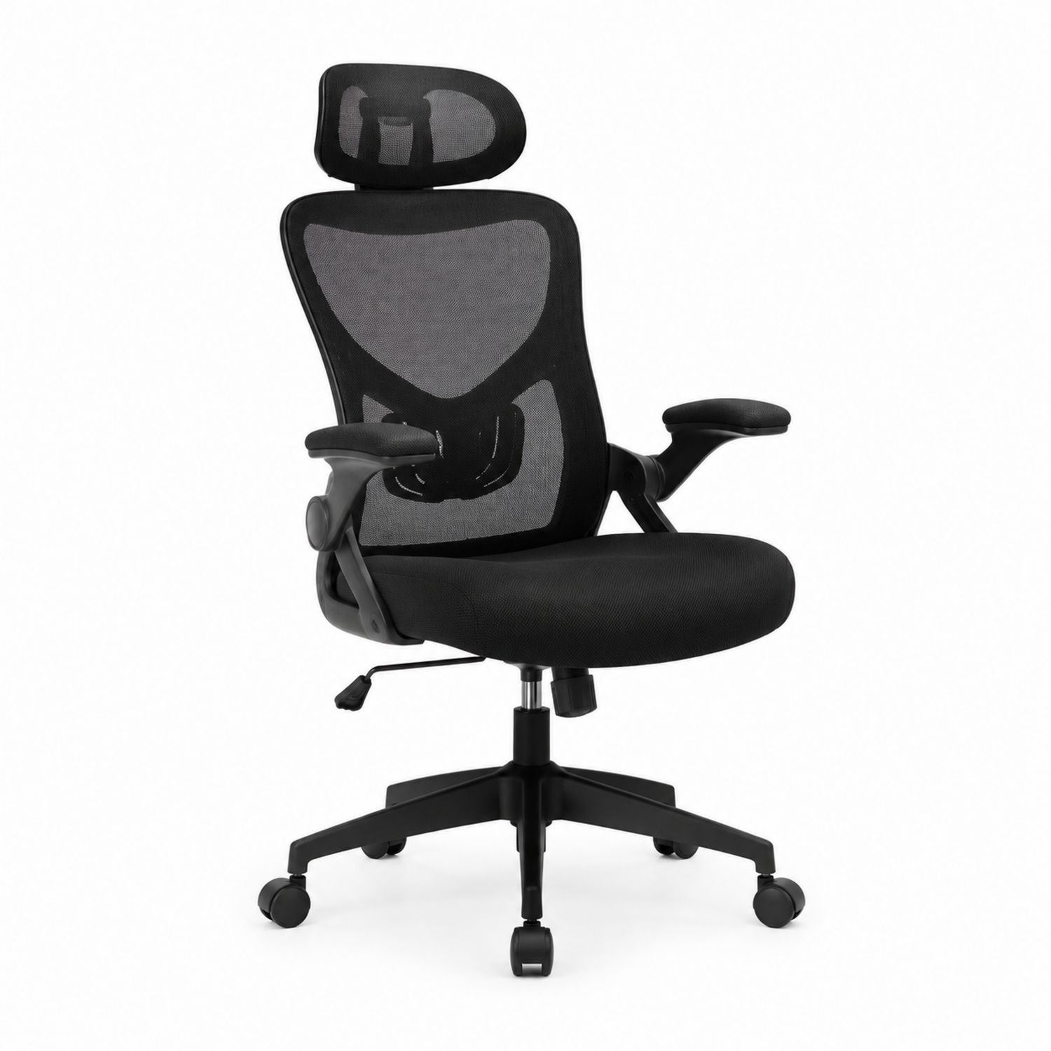 Silla ergonómica de malla negra con reposacabezas ajustable