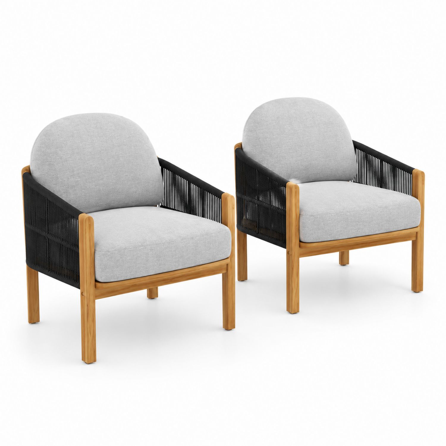 Juego de 2 sillones de madera teca y cuerda con cojines grises