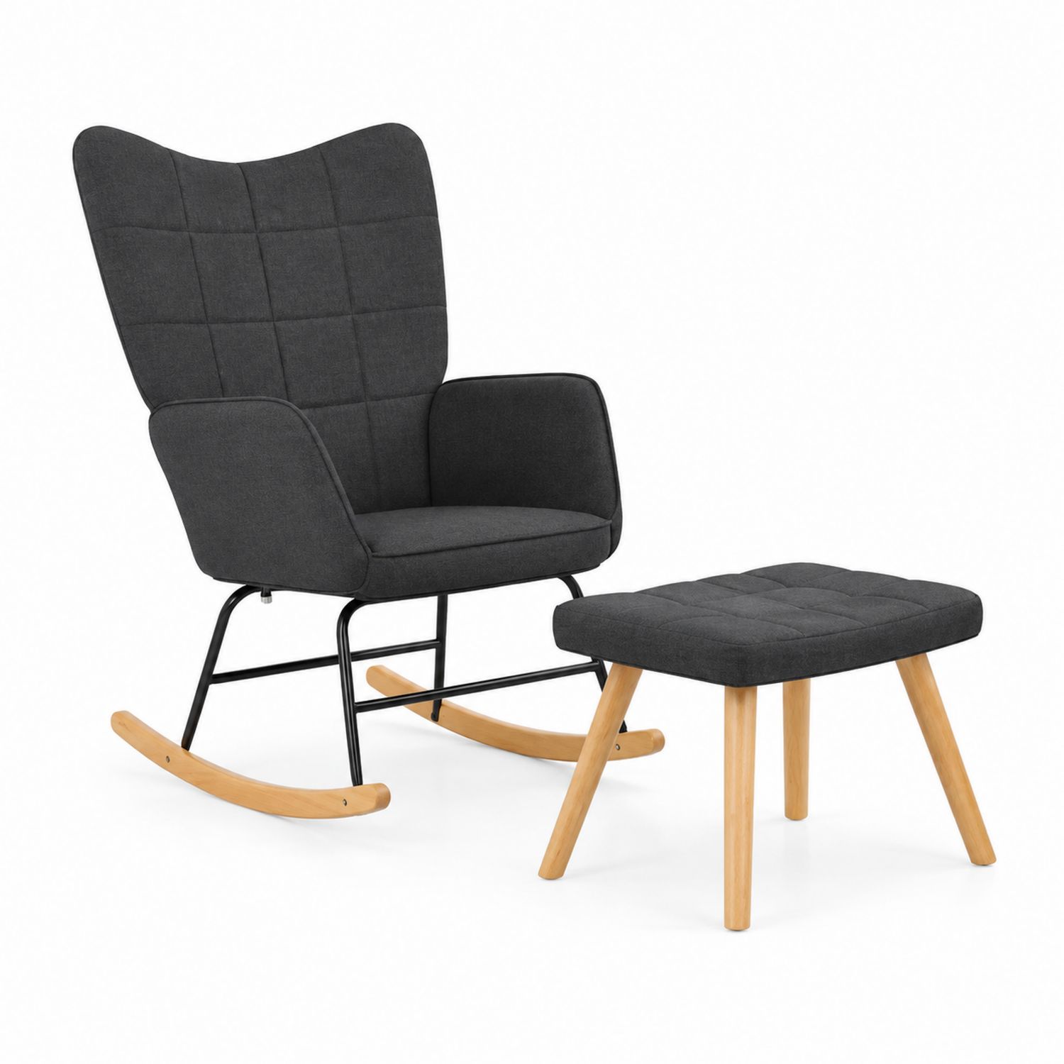 Silla mecedora con reposapiés de tela gris y patas de haya
