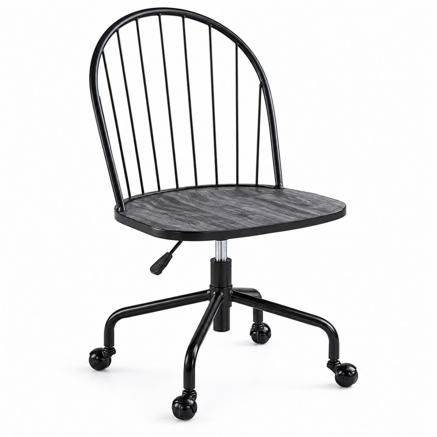 Silla Giratoria de Metal Negro con Asiento de Madera Contrachapada