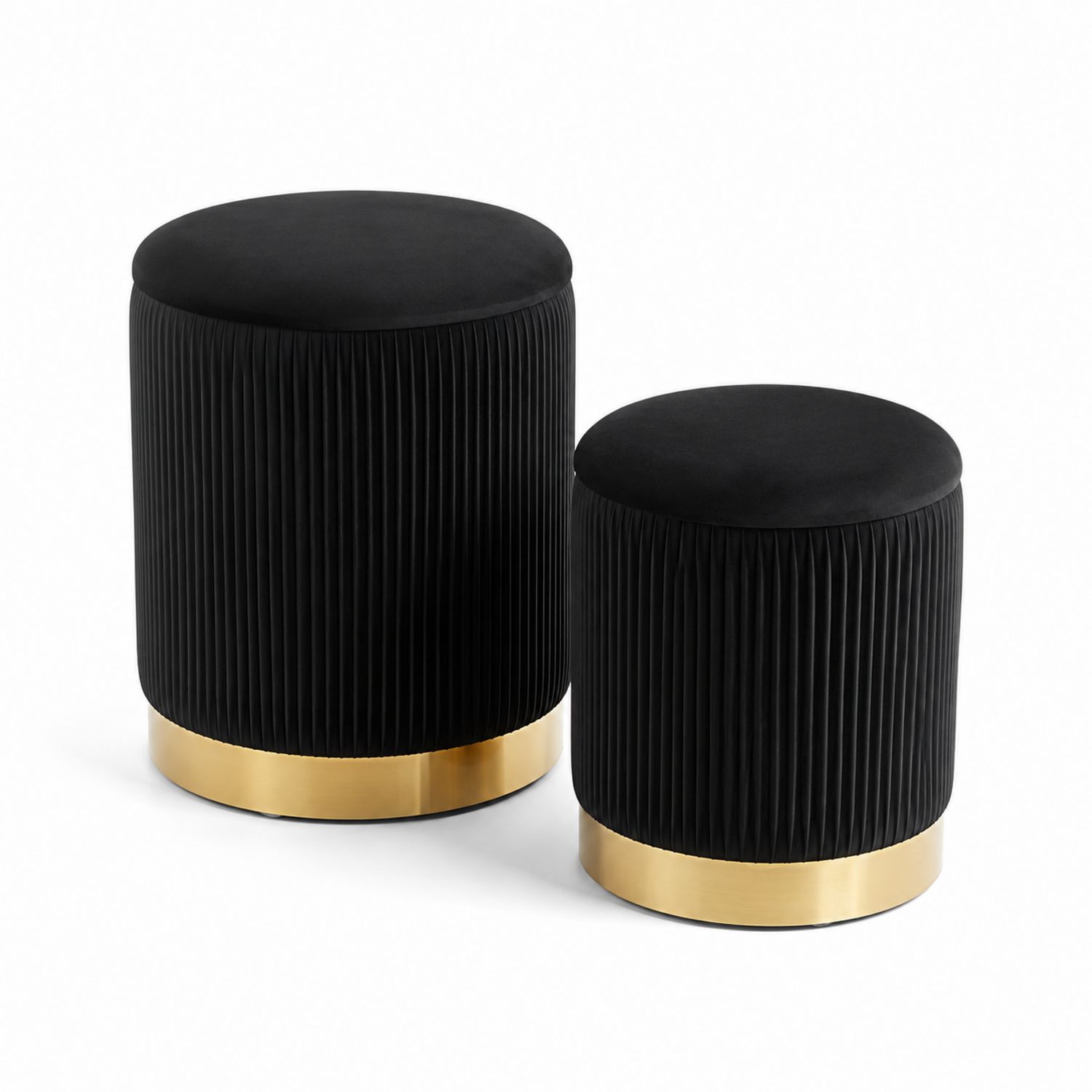 Juego de Pufs de Terciopelo Negro con Base de Metal Dorado