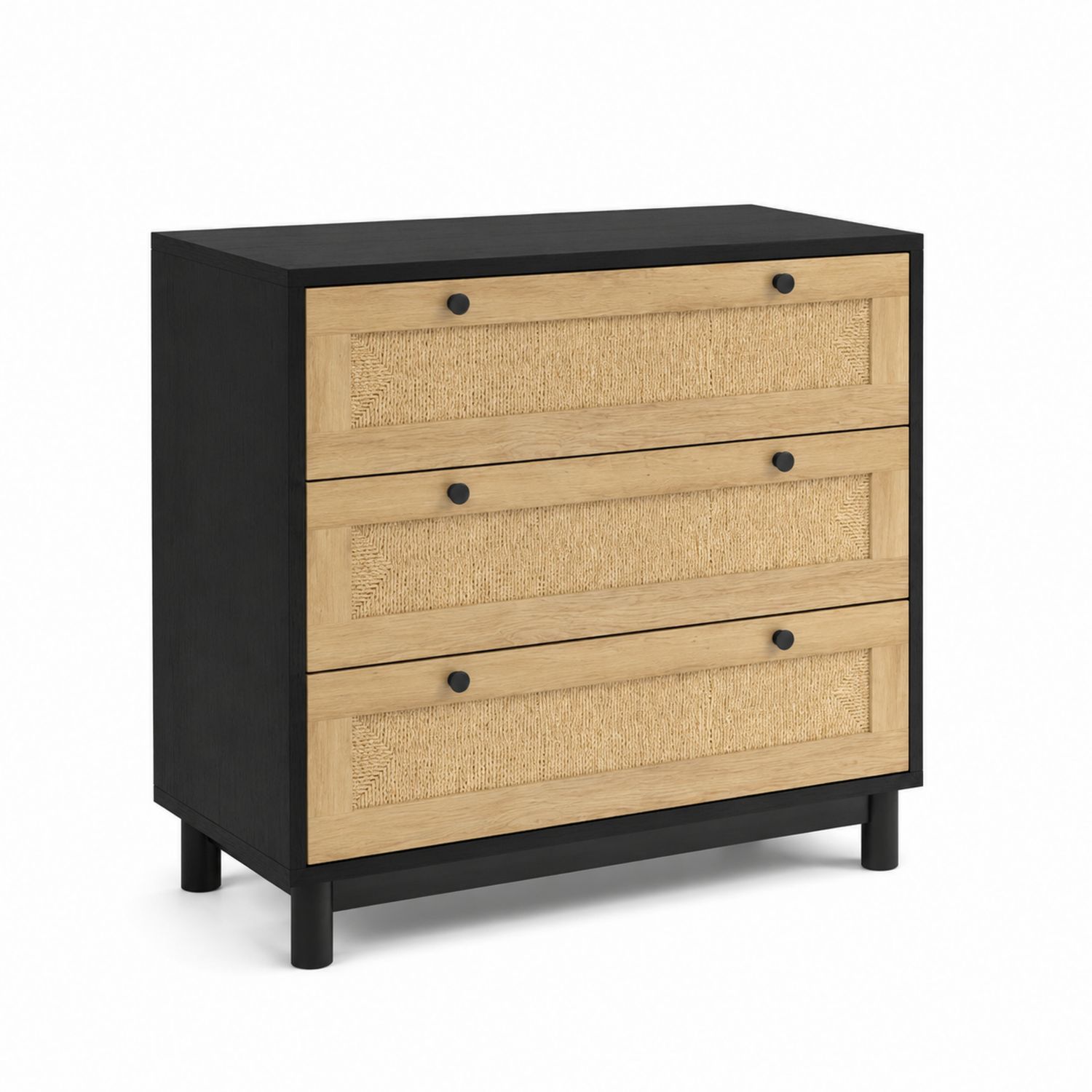 Cómoda de Madera y Mimbre con 3 Cajones Negro y Natural
