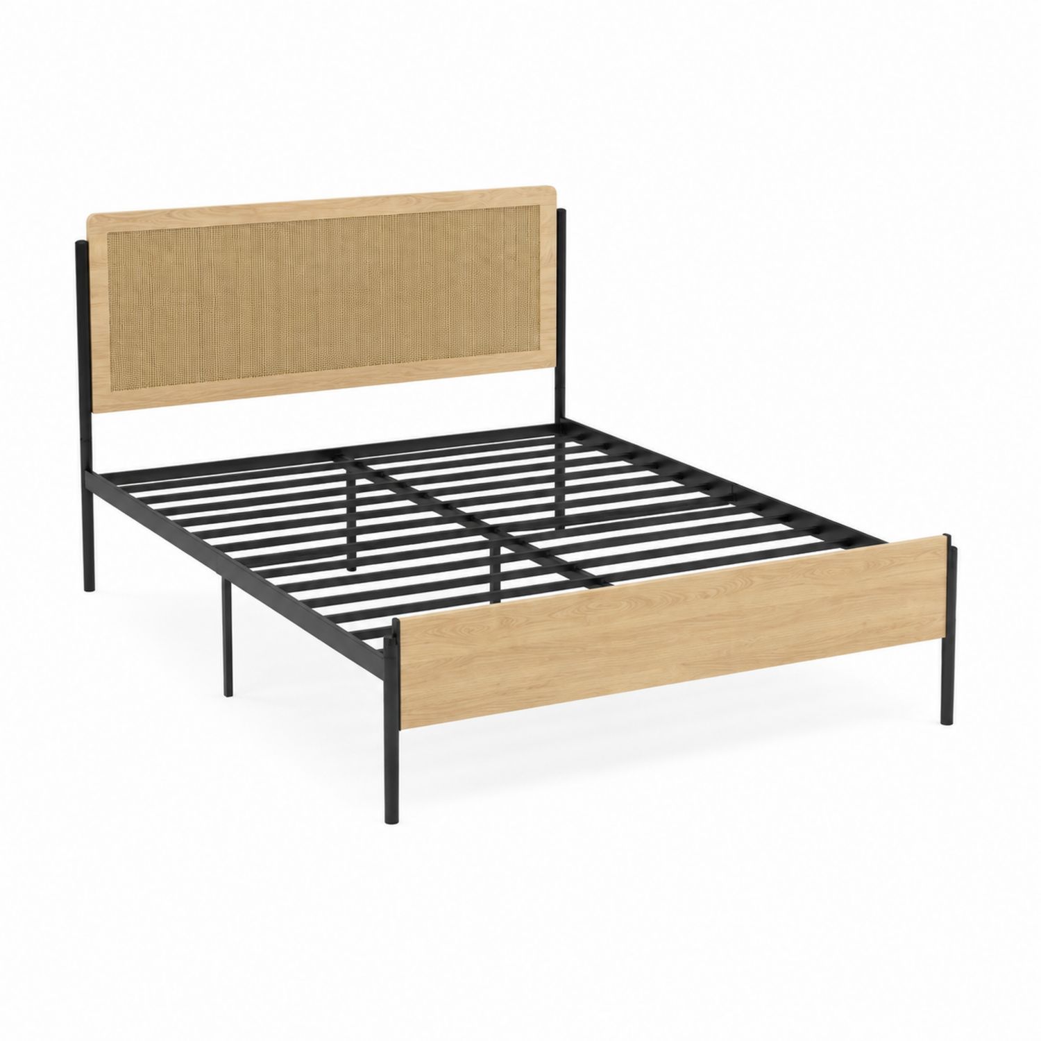 Cama doble de metal con cabecera de ratán y madera, 200x150 cm, Negro/Madera natural
