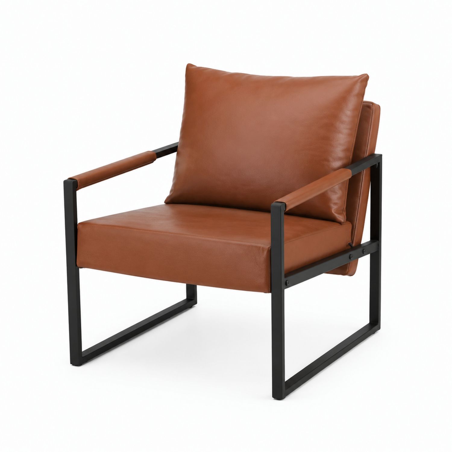 Silla de cuero sintético marrón con estructura de metal negro