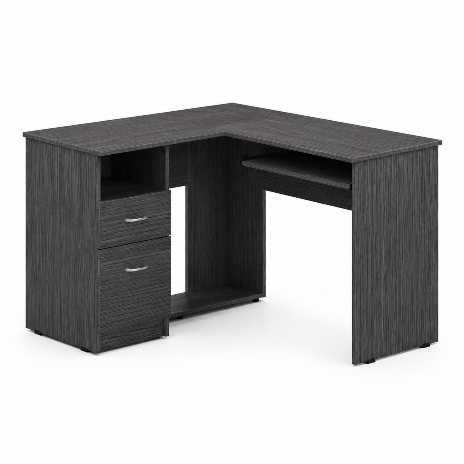 Escritorio en L de Madera con Cajones y Estante Gris