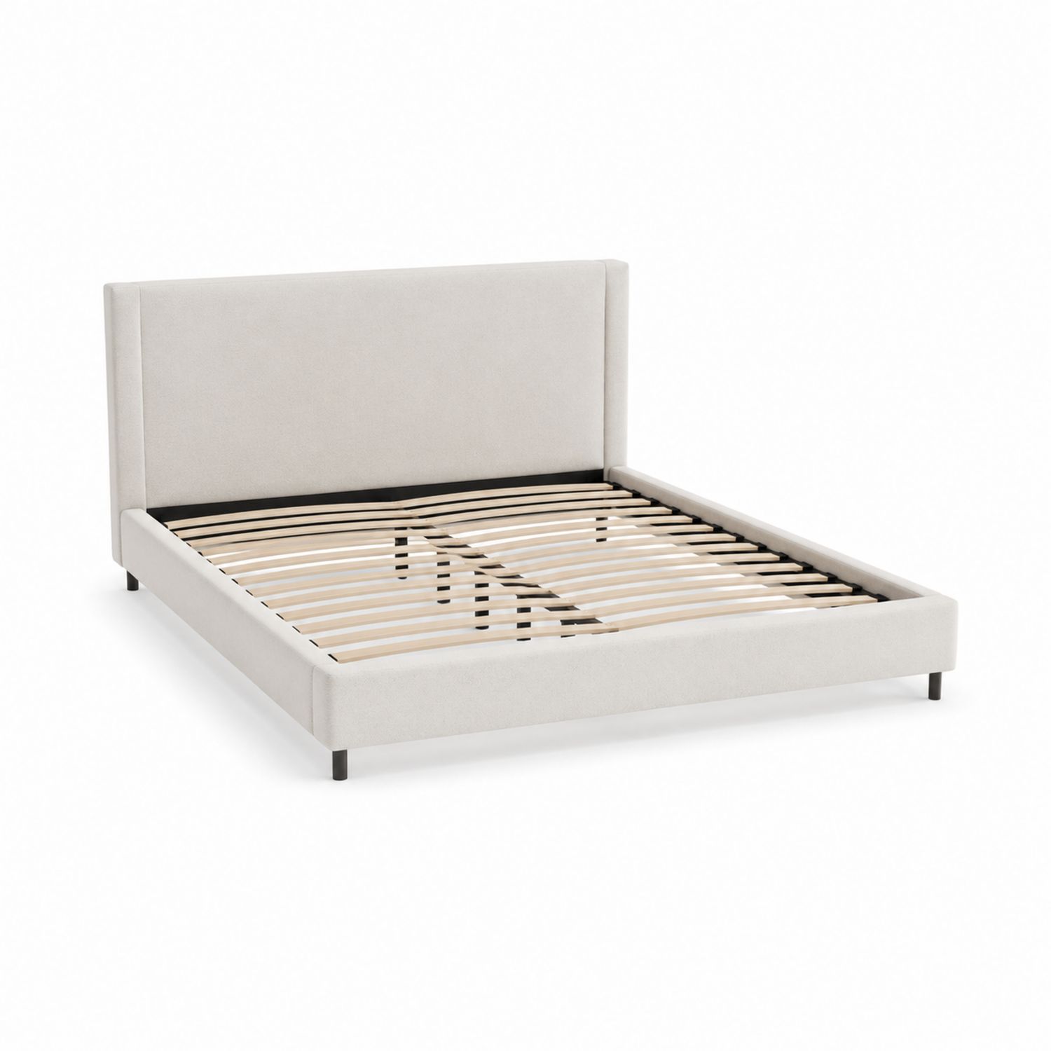 Cama de matrimonio de tela beige con patas negras