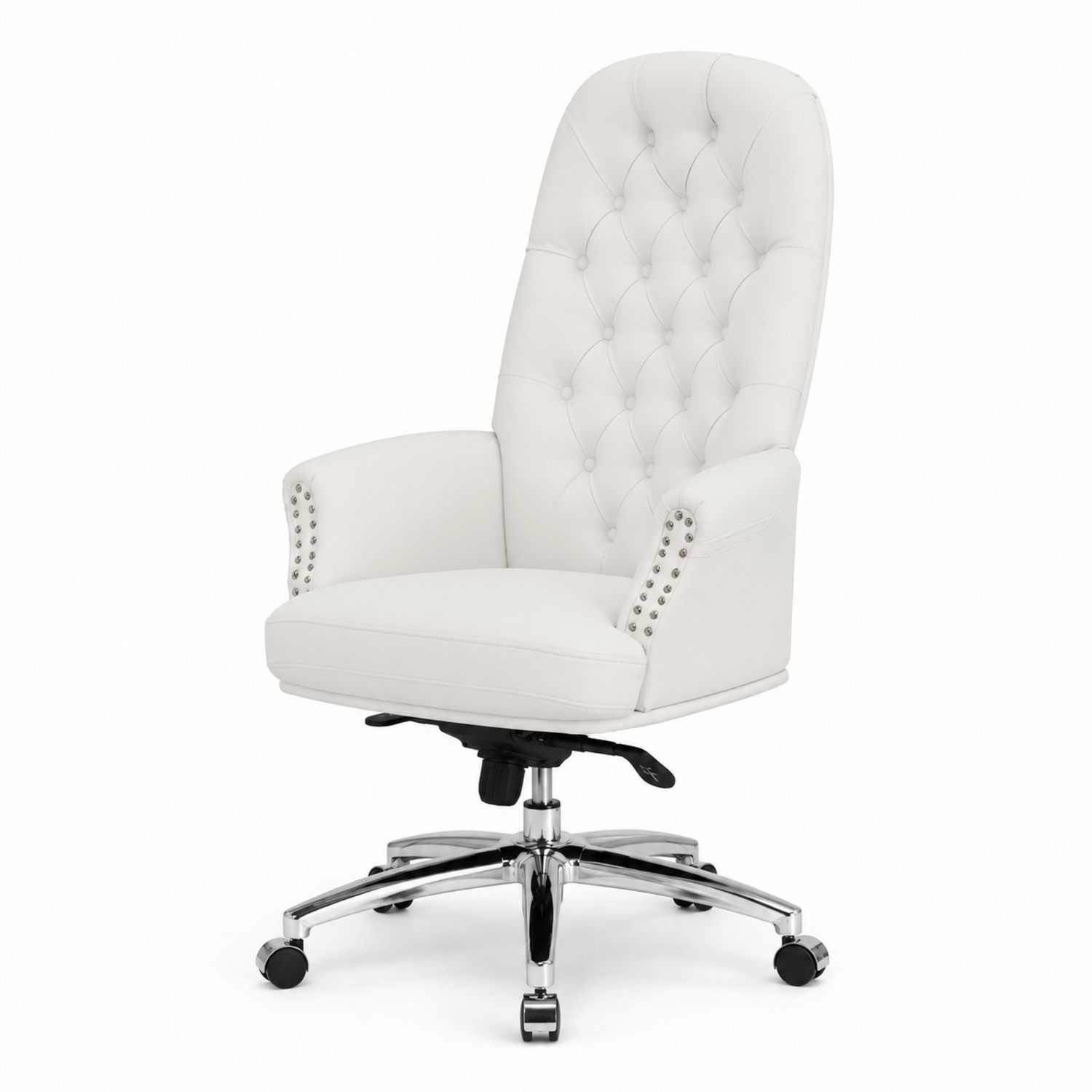 Silla de oficina de cuero sintético blanco con respaldo alto y base de cromo