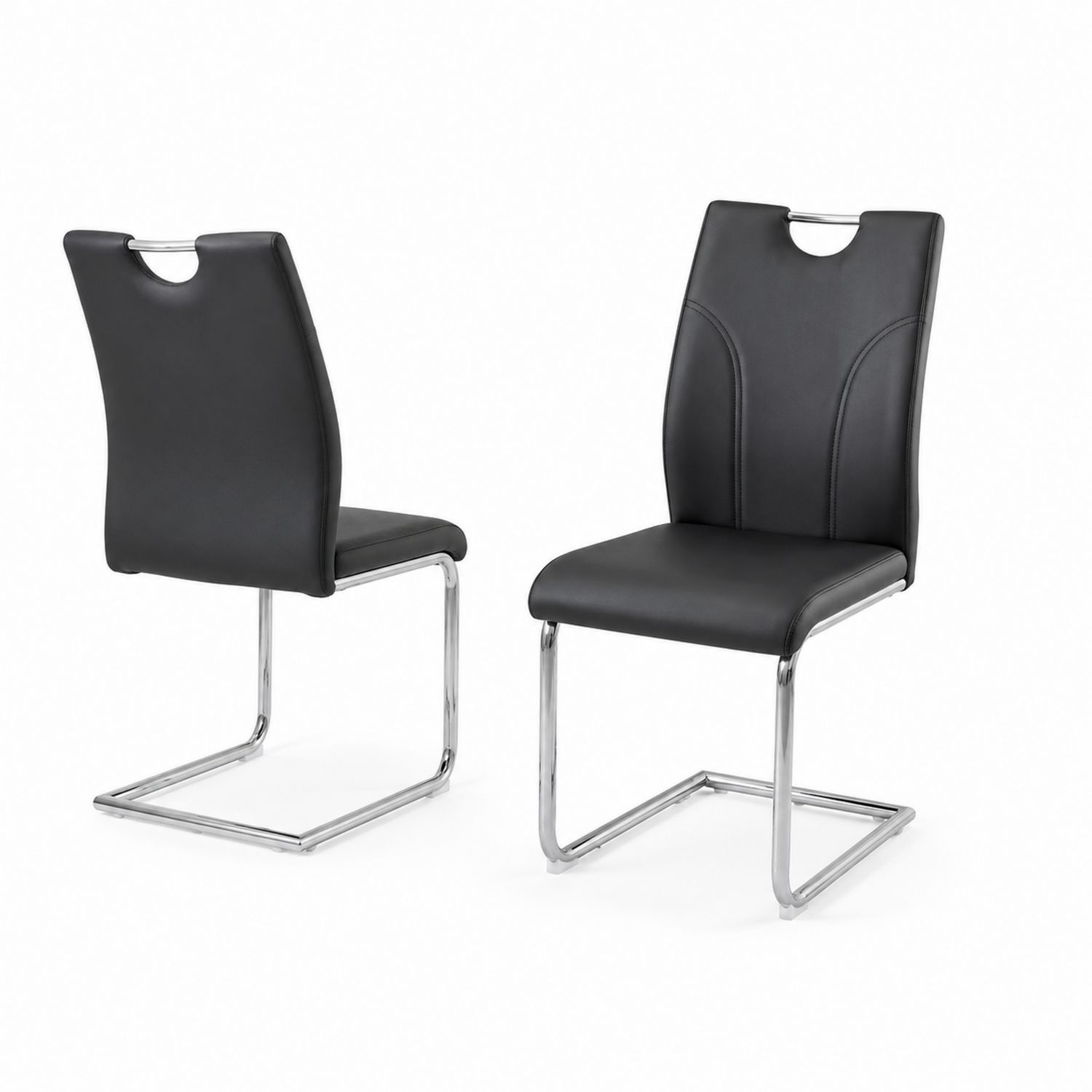 Sillas de comedor de metal cromado y PU Negro, set de 2
