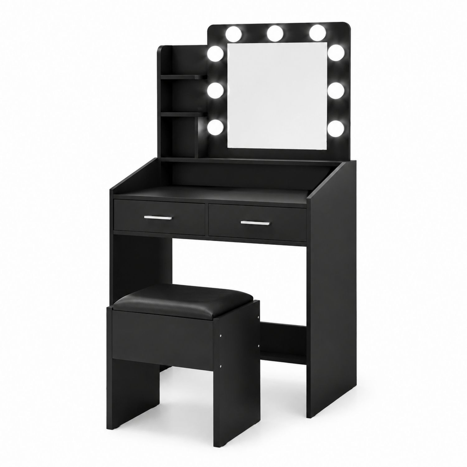 Tocador Negro con Espejo Iluminado y Taburete de MDF