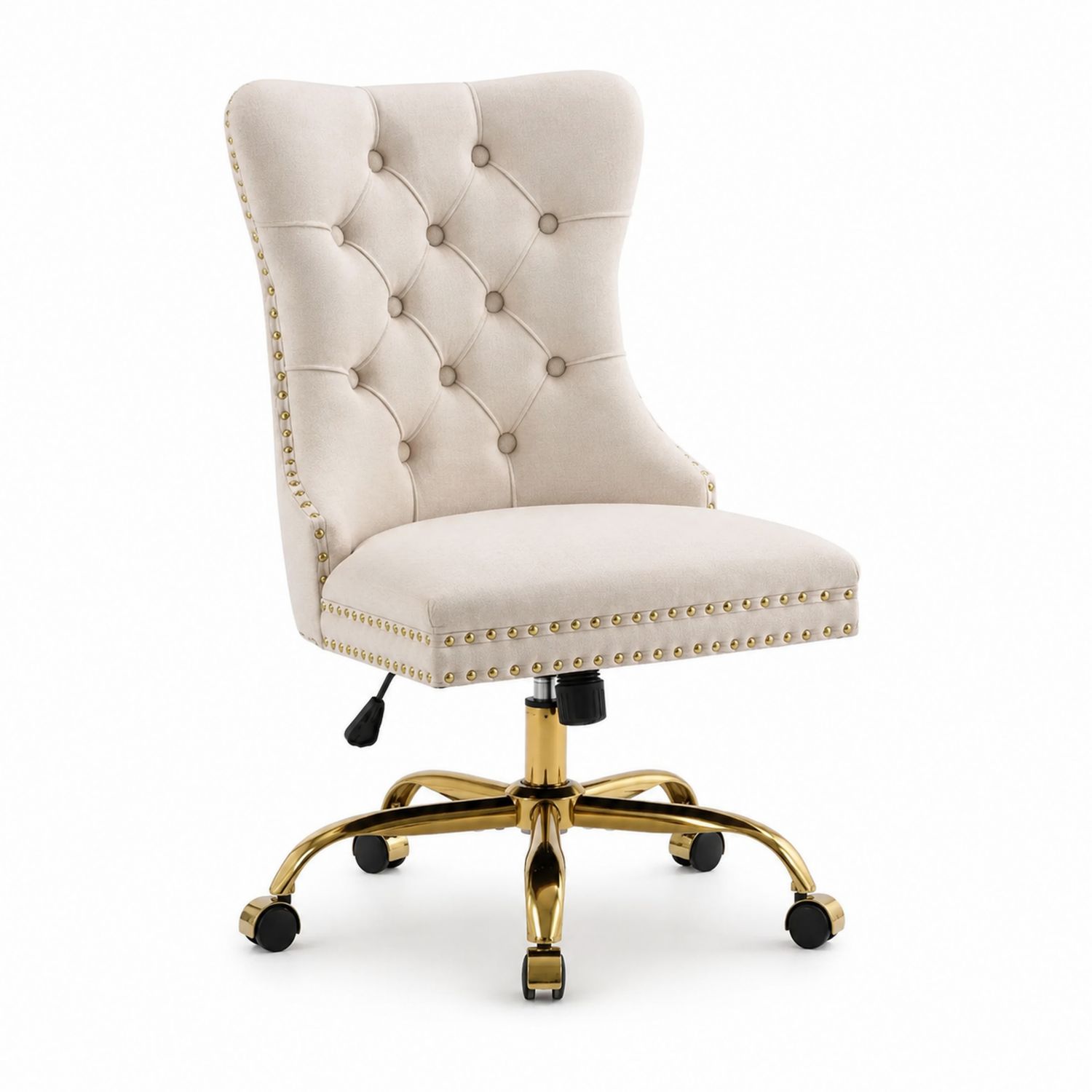 Silla de oficina tapizada beige con base metálica dorada ajustable