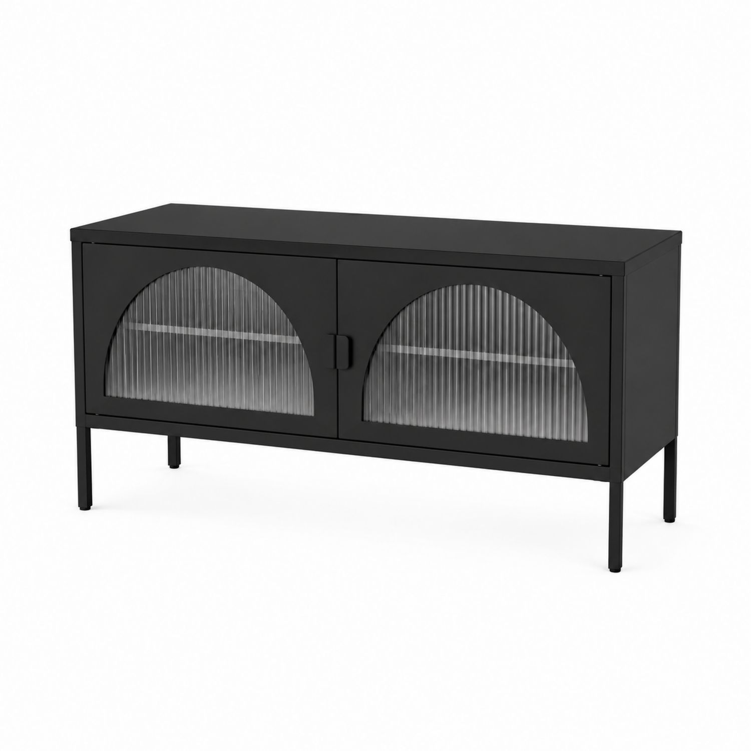 Mesa de TV de metal negro con puertas de vidrio acanalado