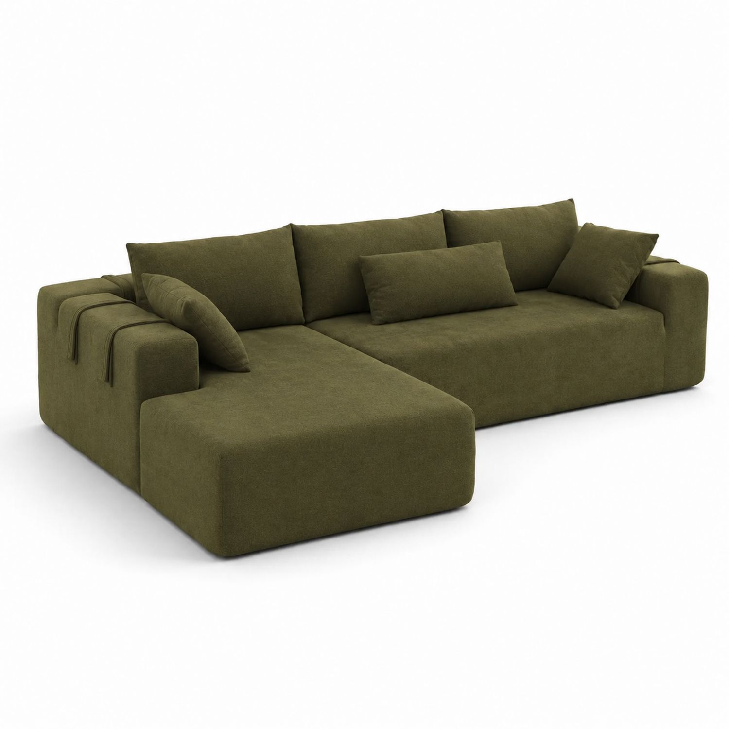 Sofá en L de tela verde con cojines