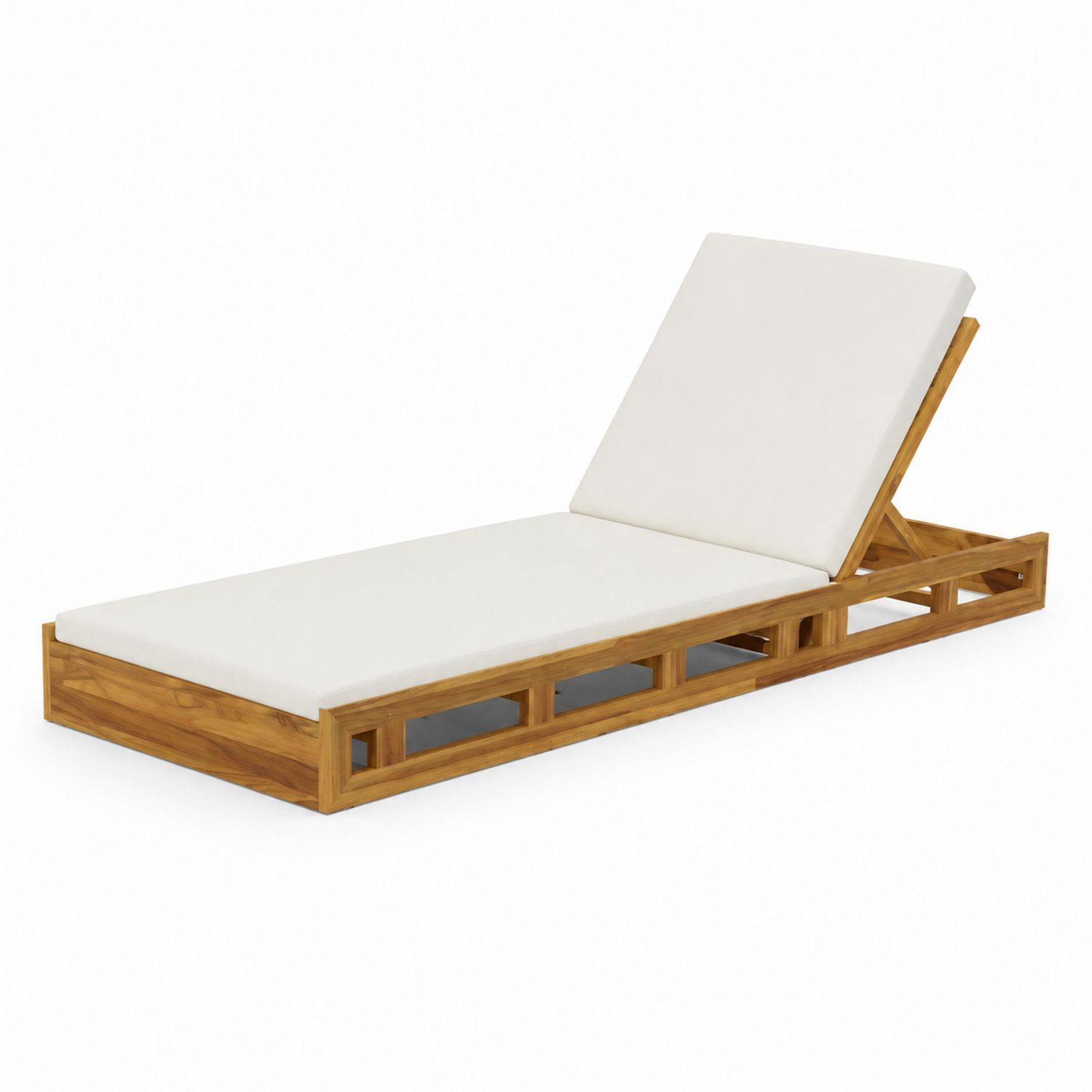 Chaise longue en bois de teck avec coussins polyester blancs 200x60x30 cm