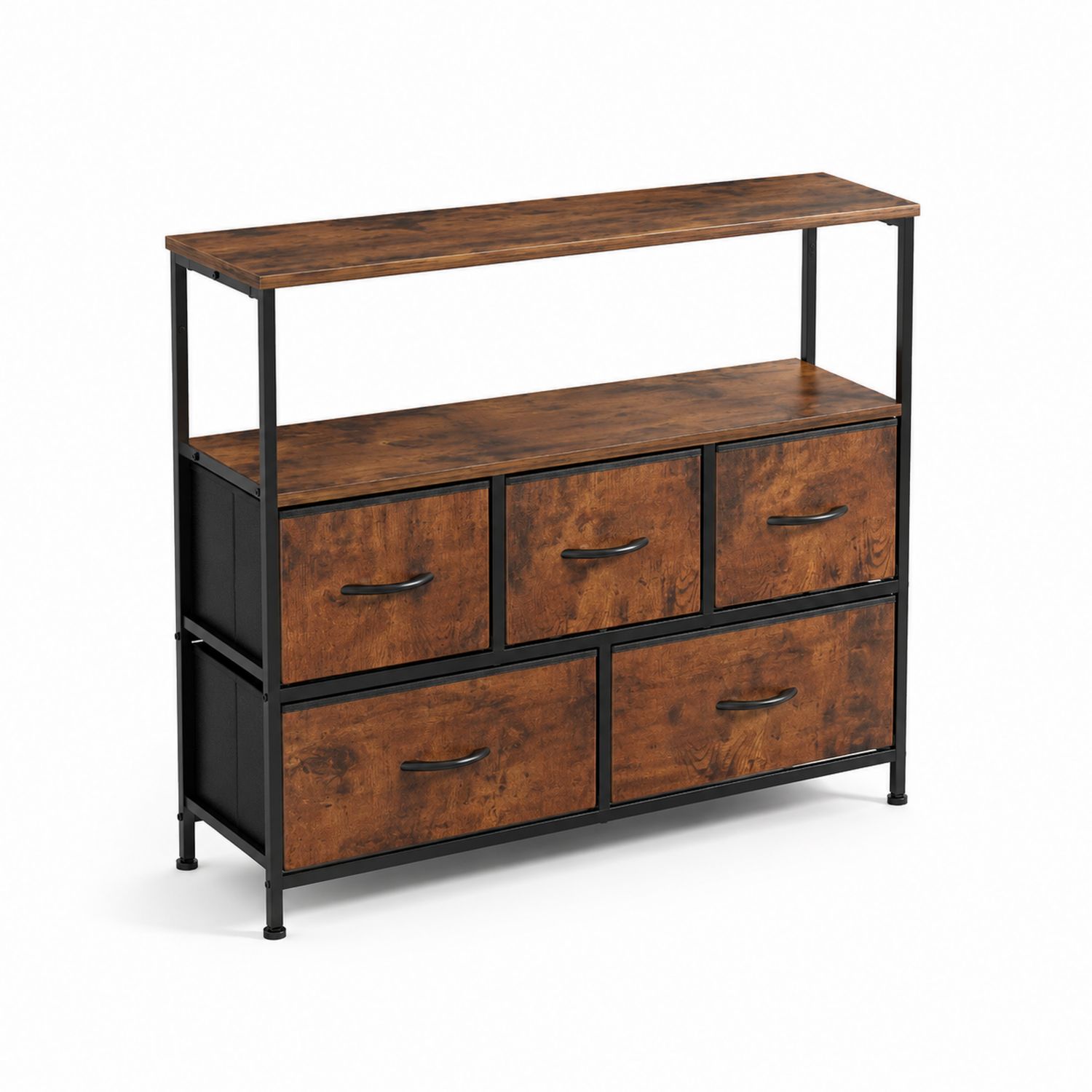 Commode en bois et métal avec 5 tiroirs et étagère