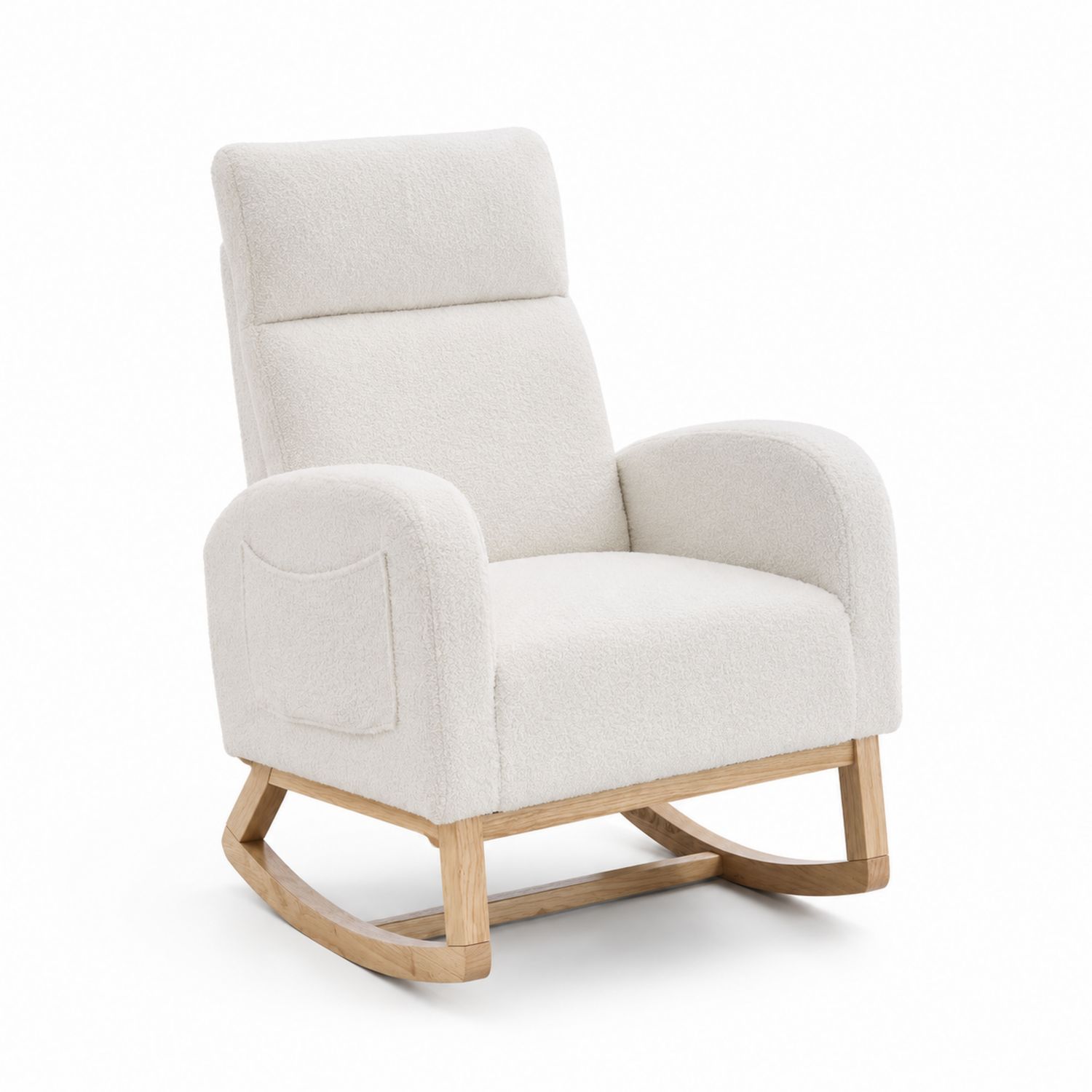 Fauteuil à bascule en bois et tissu bouclé blanc