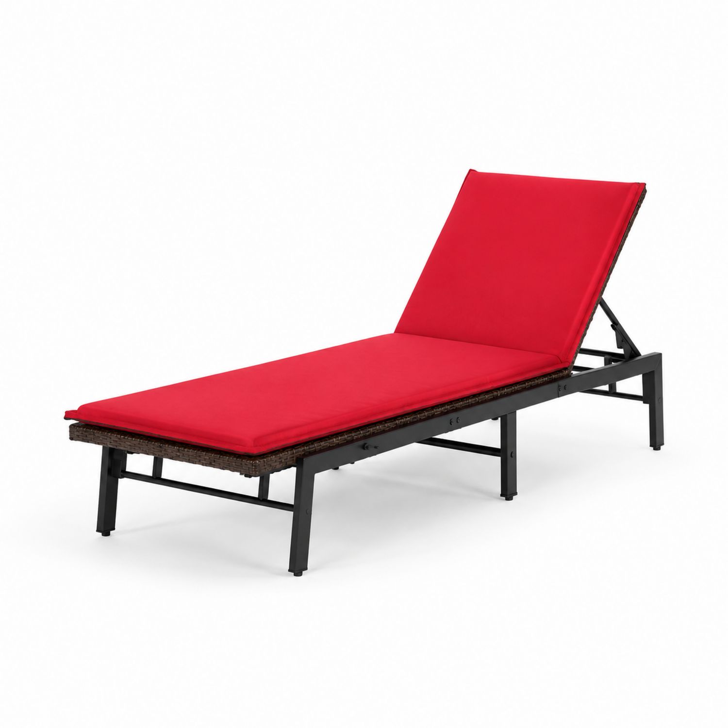 Chaise longue en acier et rotin synthétique avec coussin rouge