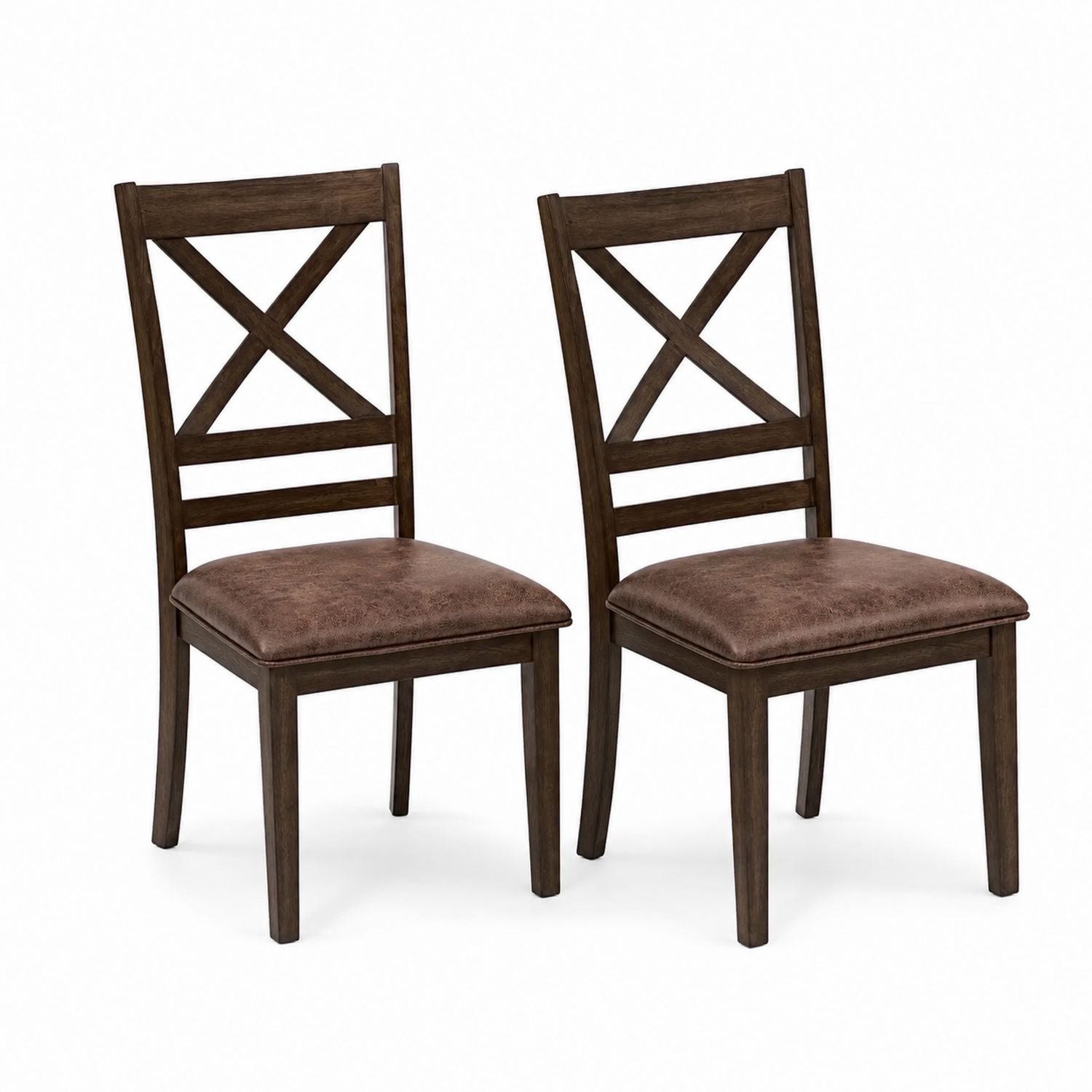 Lot de 2 chaises en bois avec assise en similicuir marron