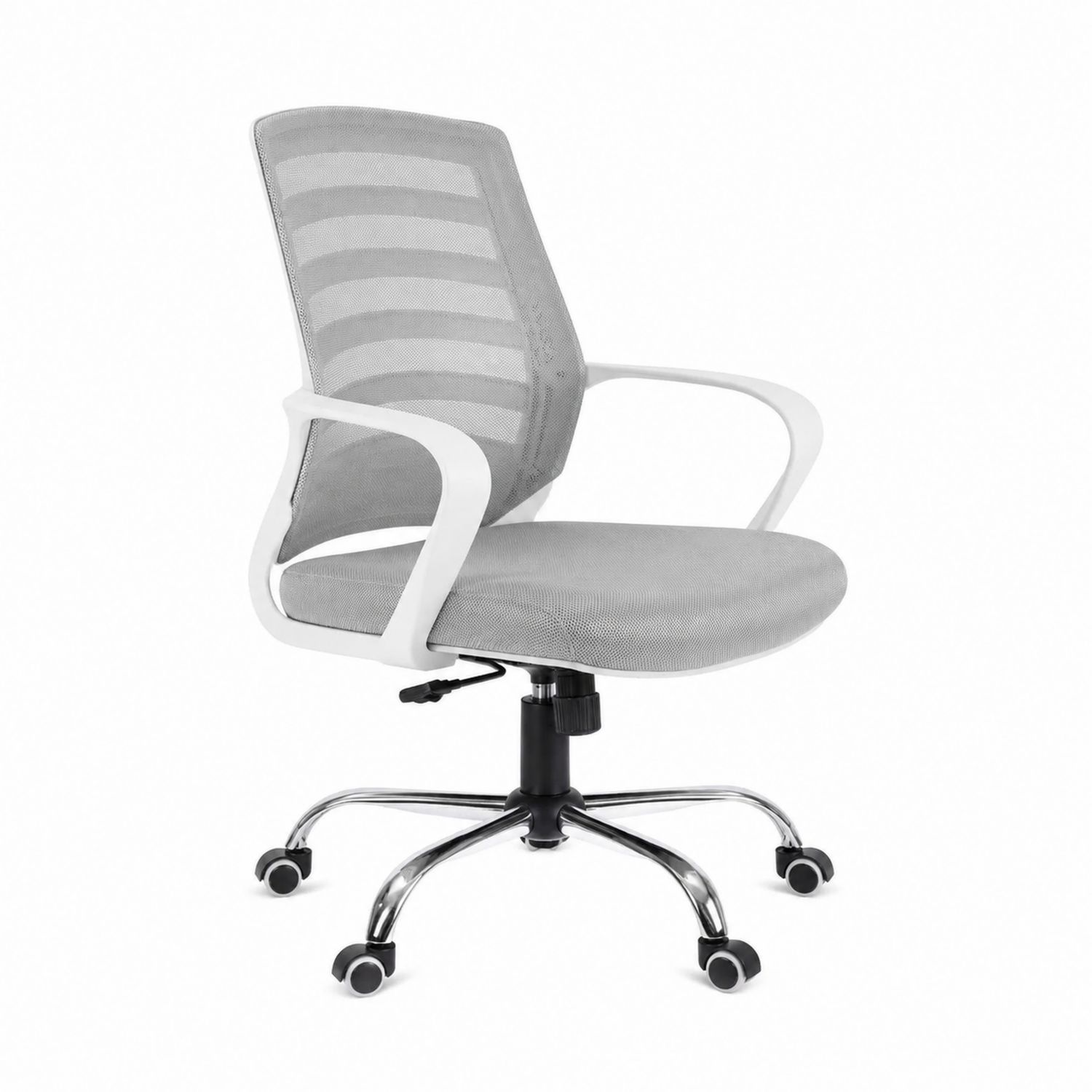 Chaise de bureau en maille avec accoudoirs blancs et base en métal chromé