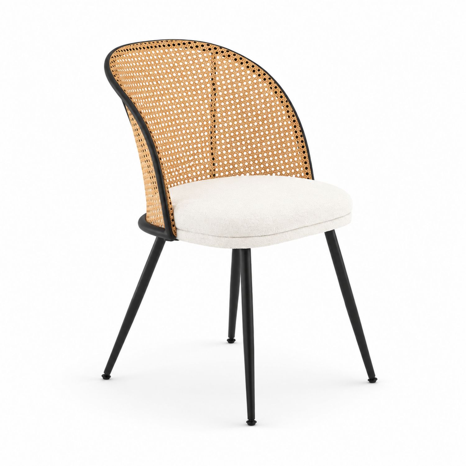 Chaise en métal avec dossier en rotin et assise en tissu