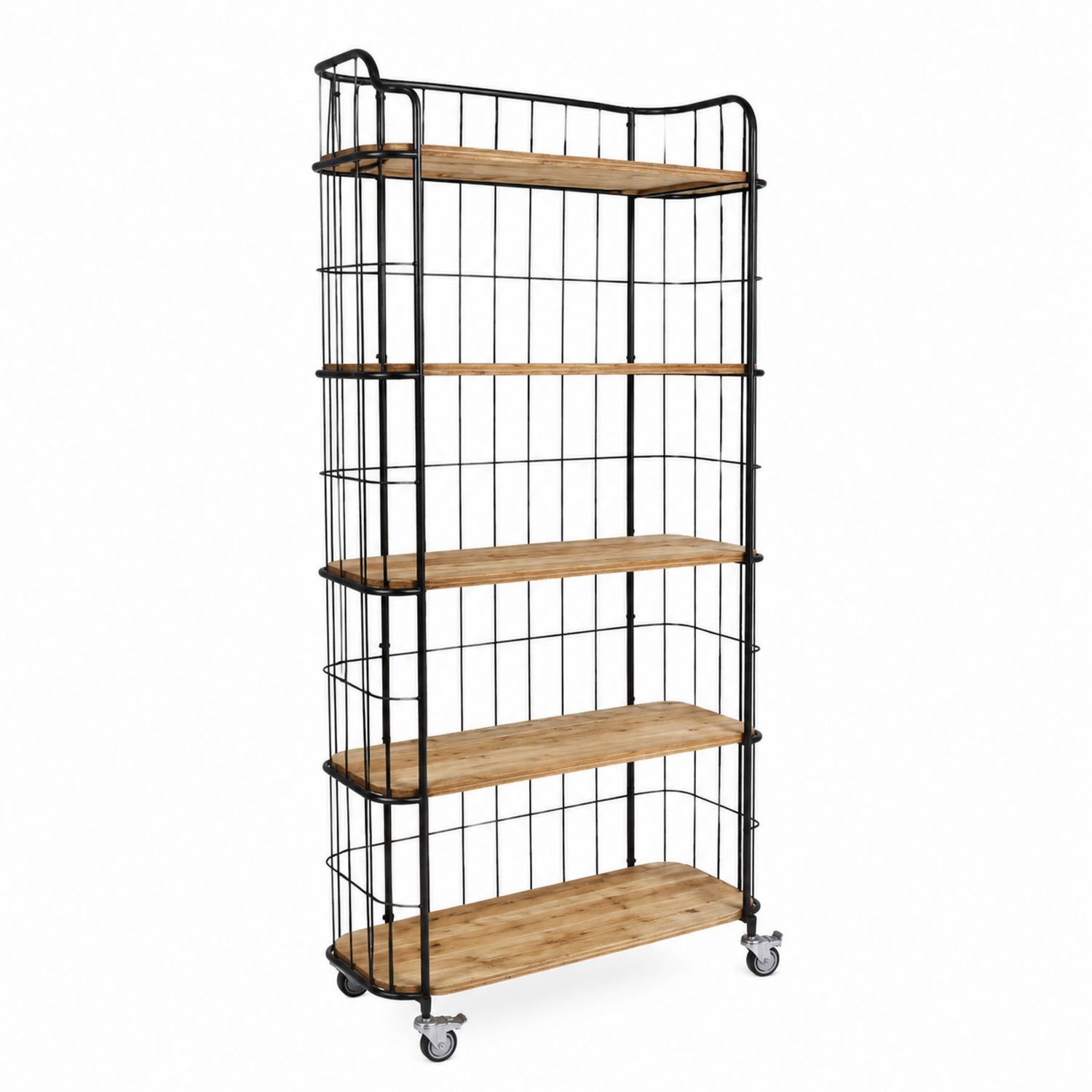 Étagère en métal noir et bois avec roulettes 5 niveaux
