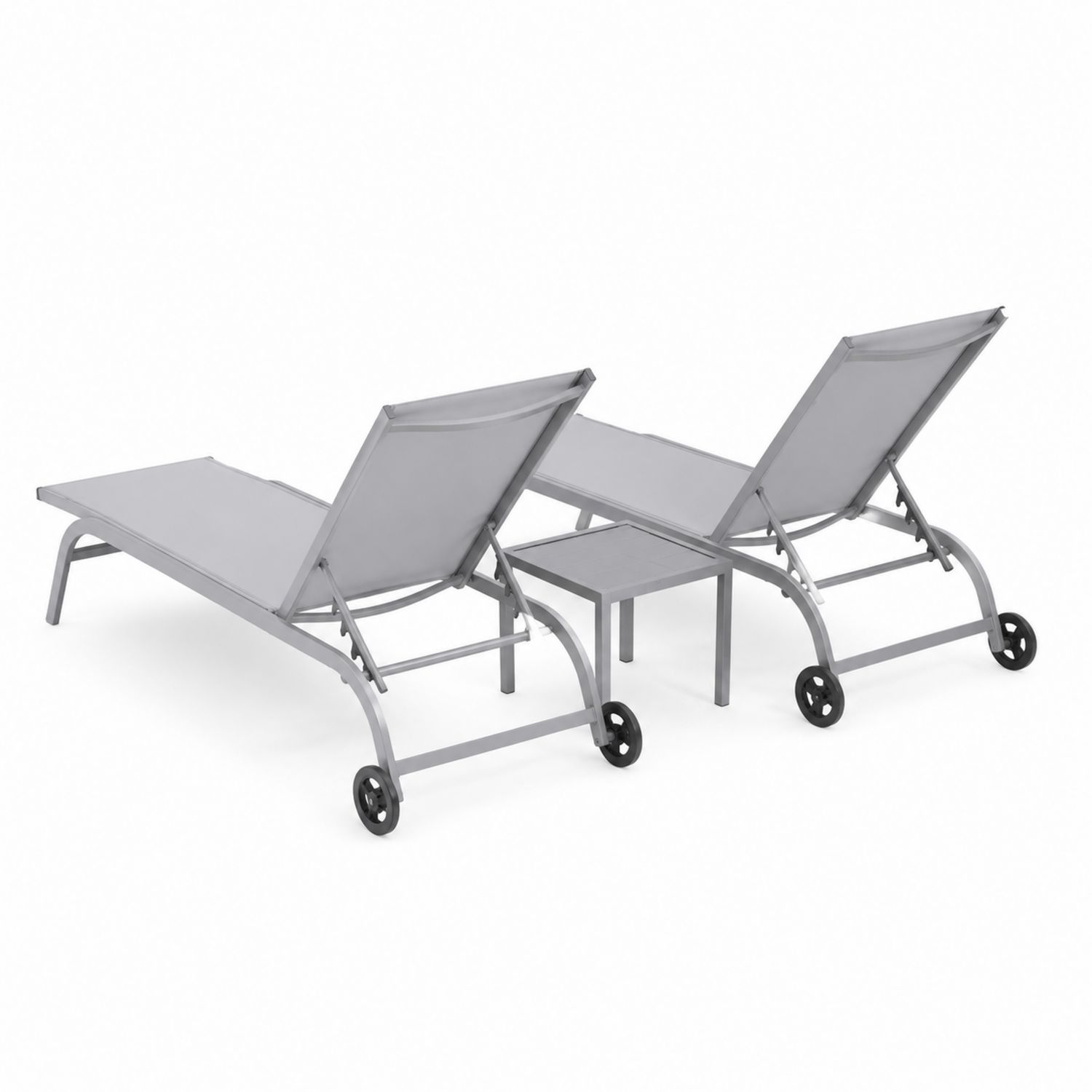 Lot de 2 chaises longues en aluminium et maille textilène avec table, Gris clair