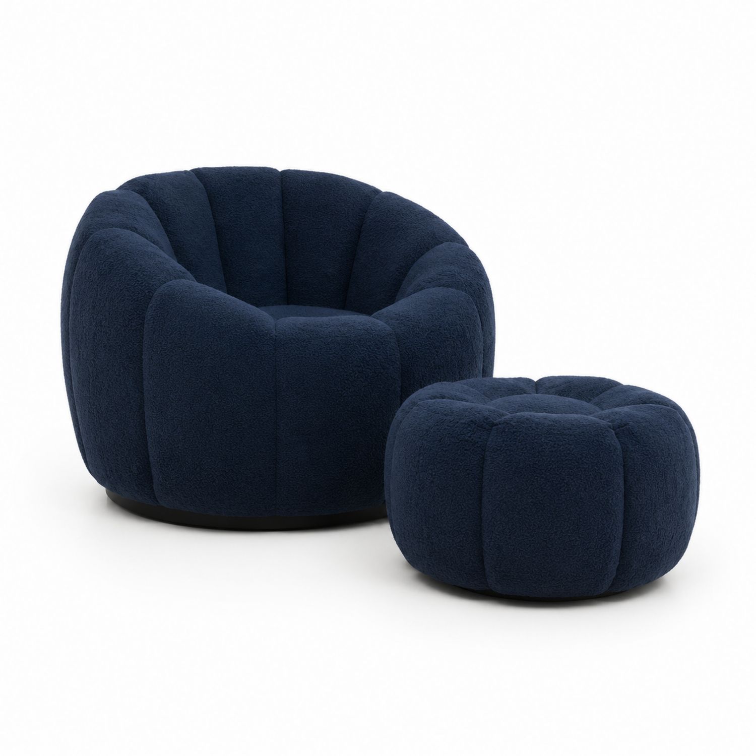 Fauteuil rond et repose-pieds en tissu bleu foncé