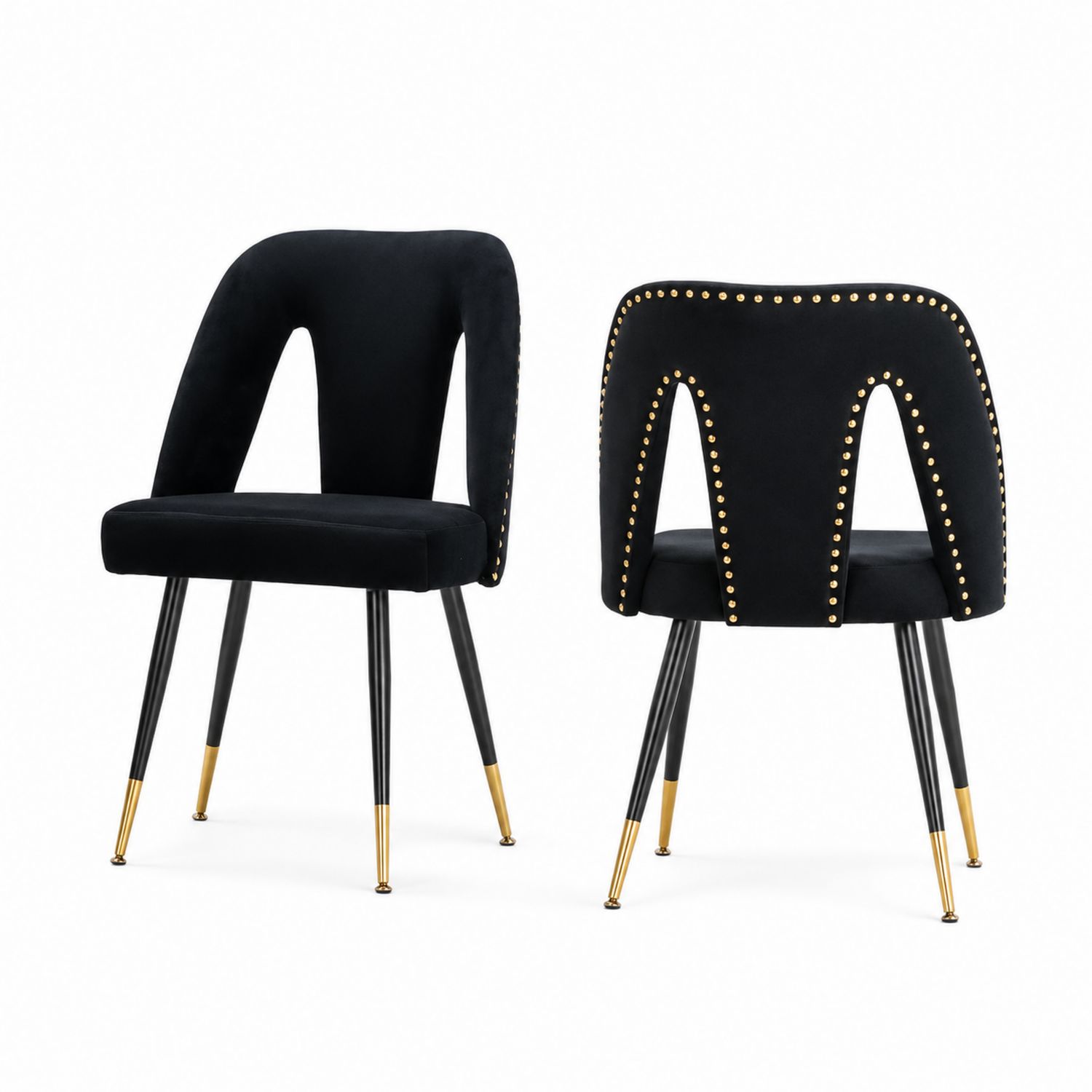 Chaise noire en velours avec pieds en métal doré, lot de 2
