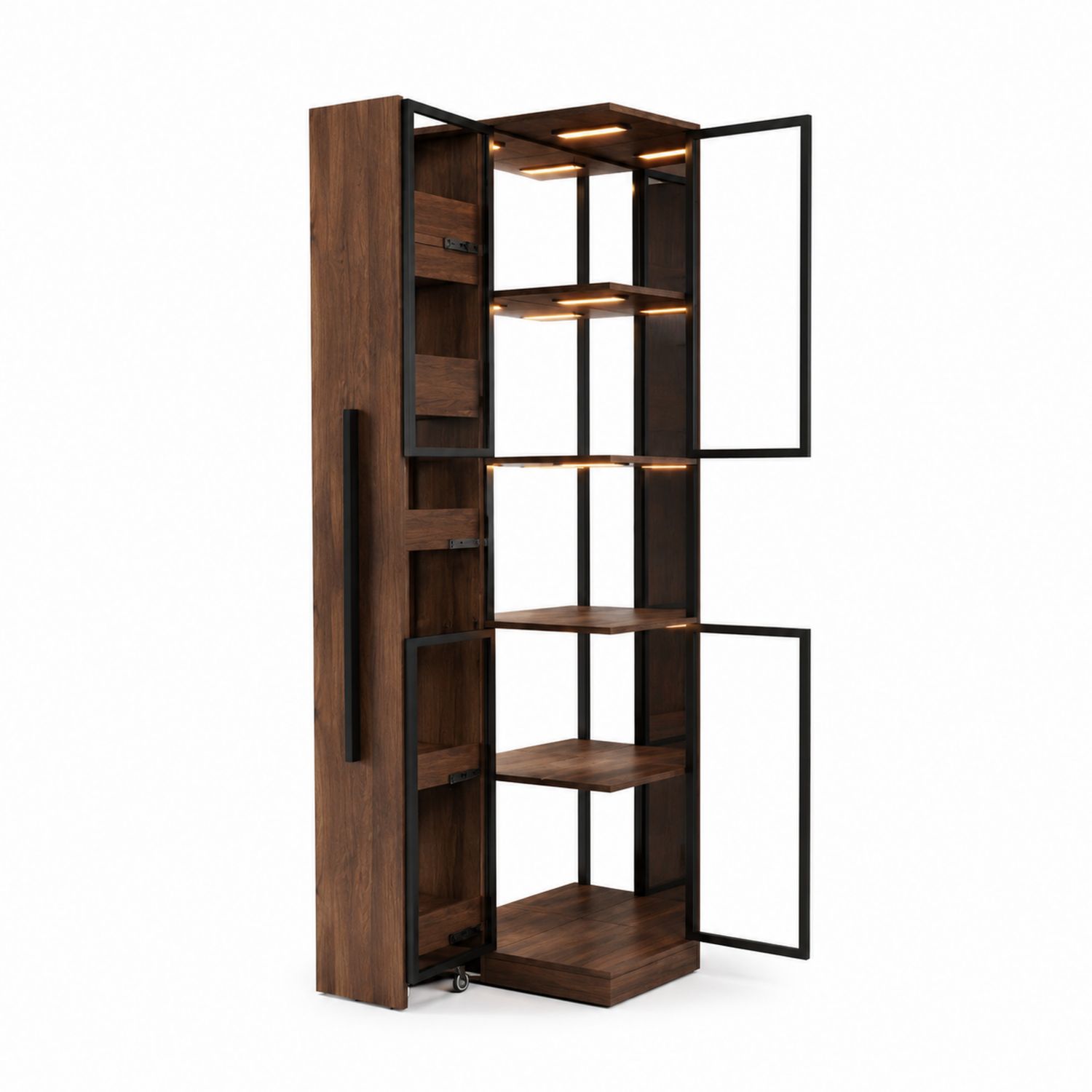 Armoire en bois et métal avec portes vitrées et éclairage intégré