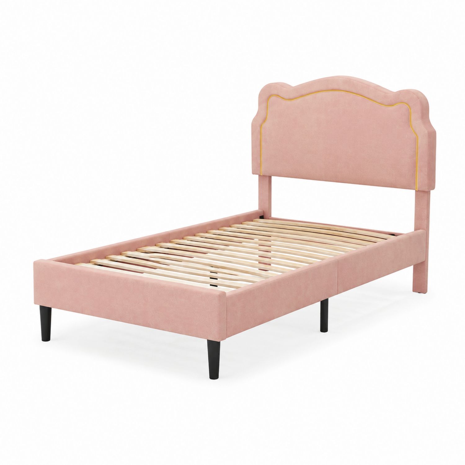 Lit simple en velours rose avec tête de lit incurvée