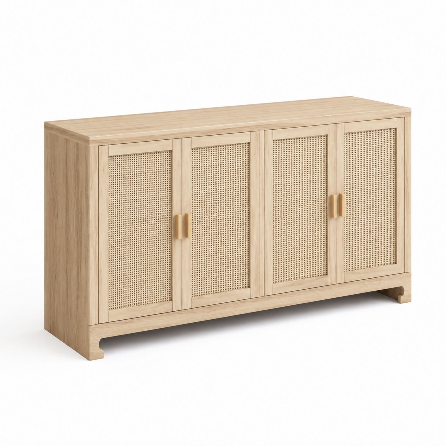 Buffet en bois avec portes en rotin et poignées métalliques